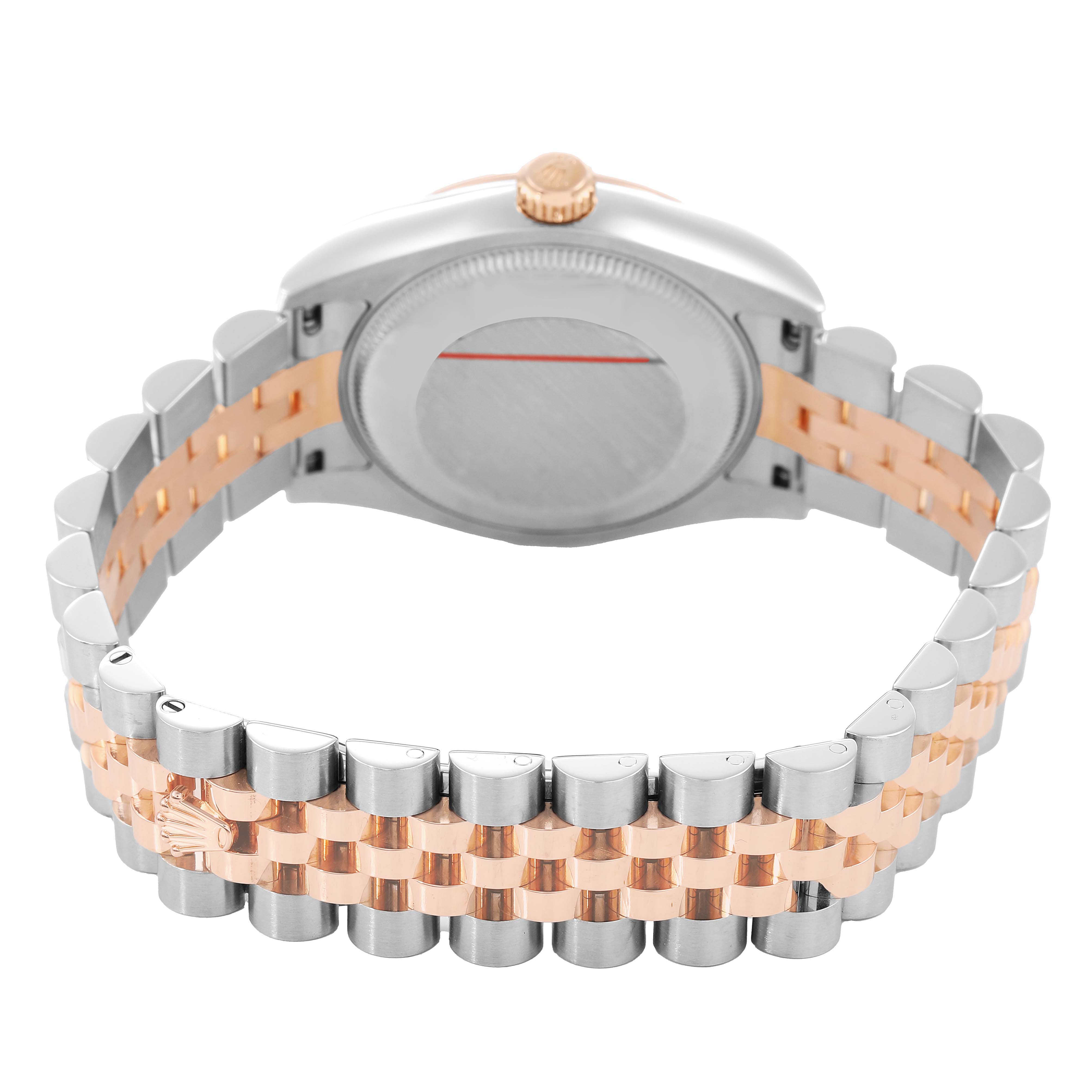 The image shows the back and bracelet of a Rolex Mid-Size 178271 Women's Stainless Steel Brown Dial watch, highlighting its two-tone design and clasp.