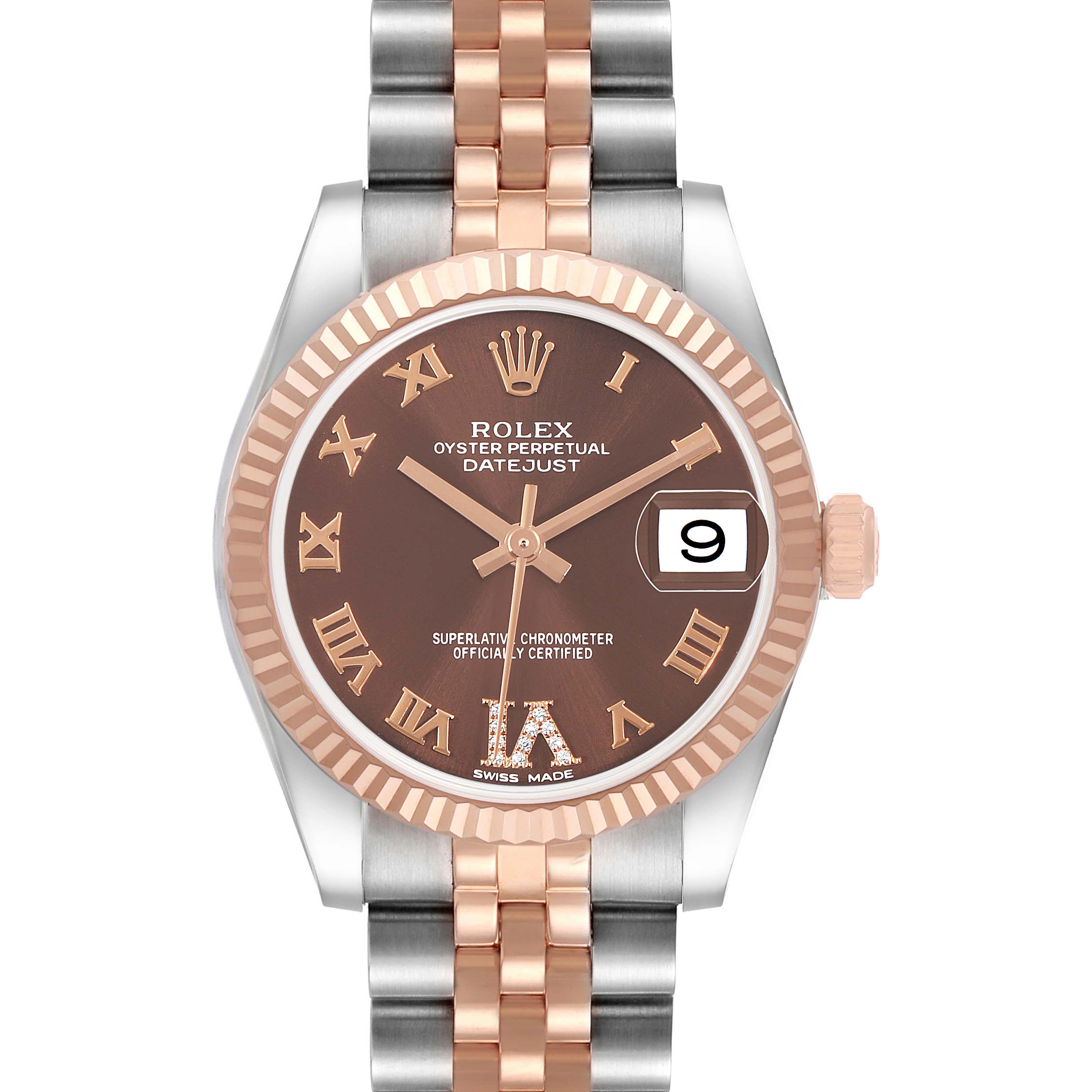 The Rolex Datejust Mid-Size watch is shown from a top-down angle, displaying the face, bezel, crown, and bracelet links.