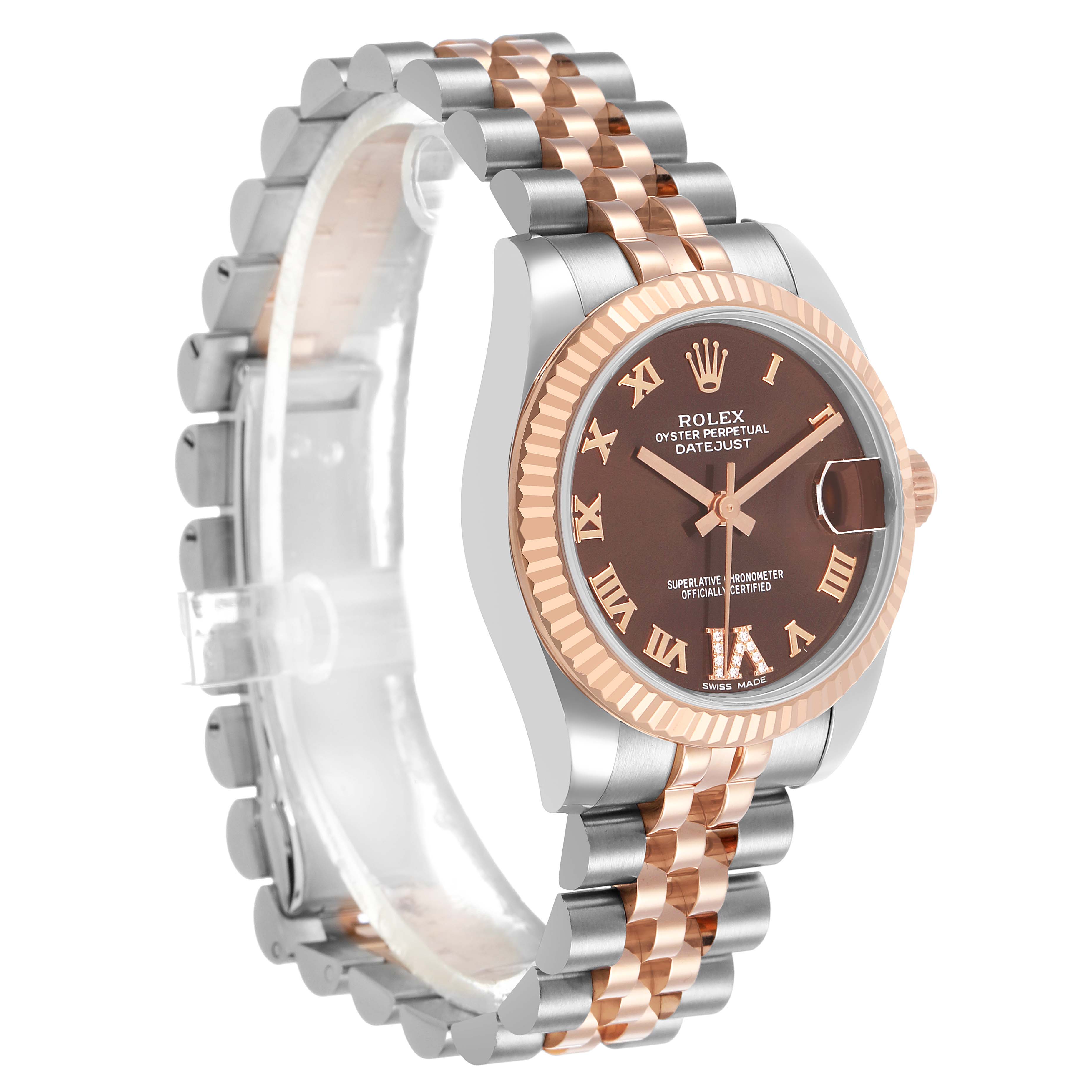 The Rolex Datejust Mid-Size watch is shown at a three-quarter angle, highlighting the dial, bezel, and bracelet.