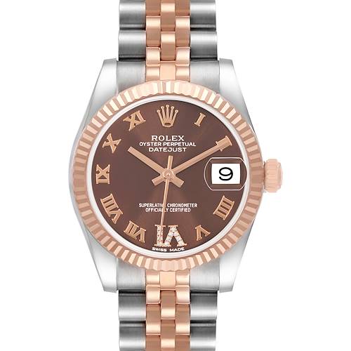 The Rolex Mid-Size 178271 Women's Stainless Steel Brown Dial Datejust watch is shown from the front, highlighting its rose gold and silver bracelet, fluted bezel, and date window.