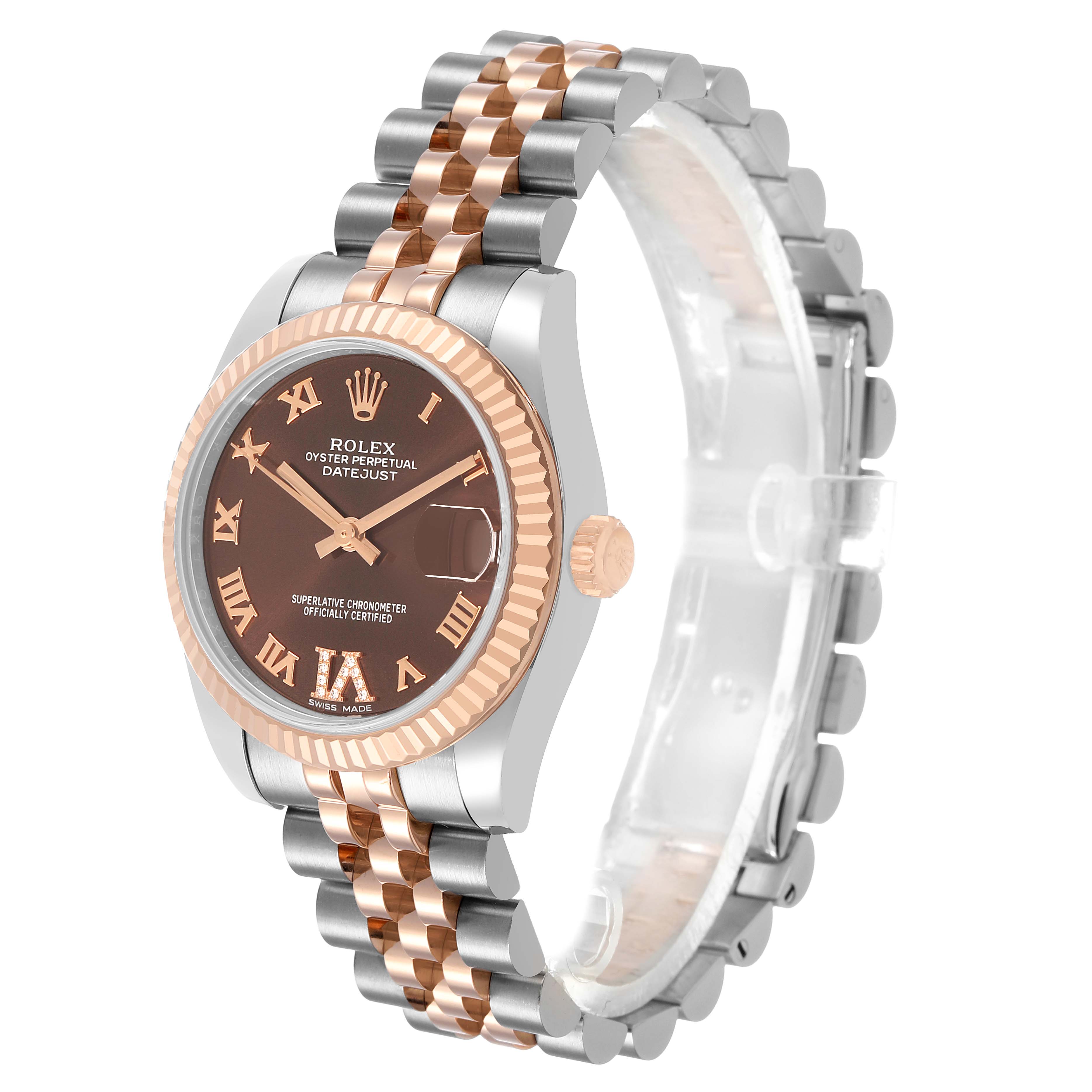 The Rolex Mid-Size 178271 Women's Stainless Steel Brown Dial watch is shown at a slight angle displaying the face, bezel, crown, and two-tone bracelet.