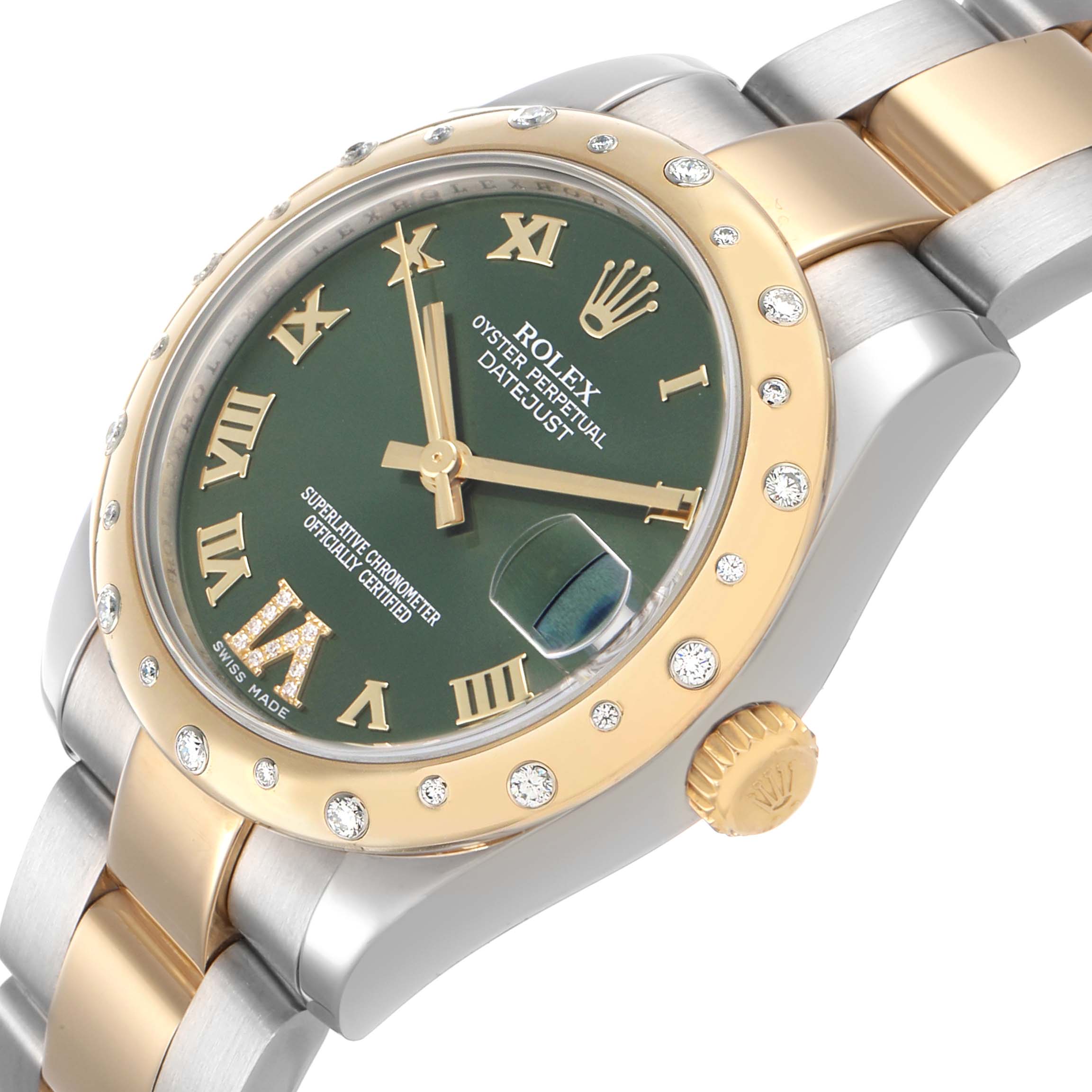 The image shows a Rolex Mid-Size 178343 Women's Steel and Gold (two tone) Green Dial watch tilted from the side, highlighting the green dial, date magnifier, and diamond-accented bezel.