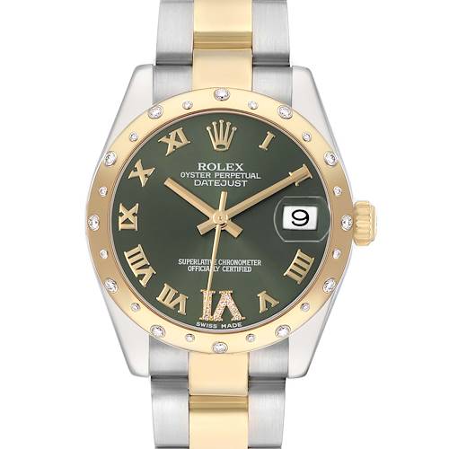 The Rolex Datejust Mid-Size watch is shown from the front, highlighting its green dial, gold bezel with diamonds, and two-tone bracelet.