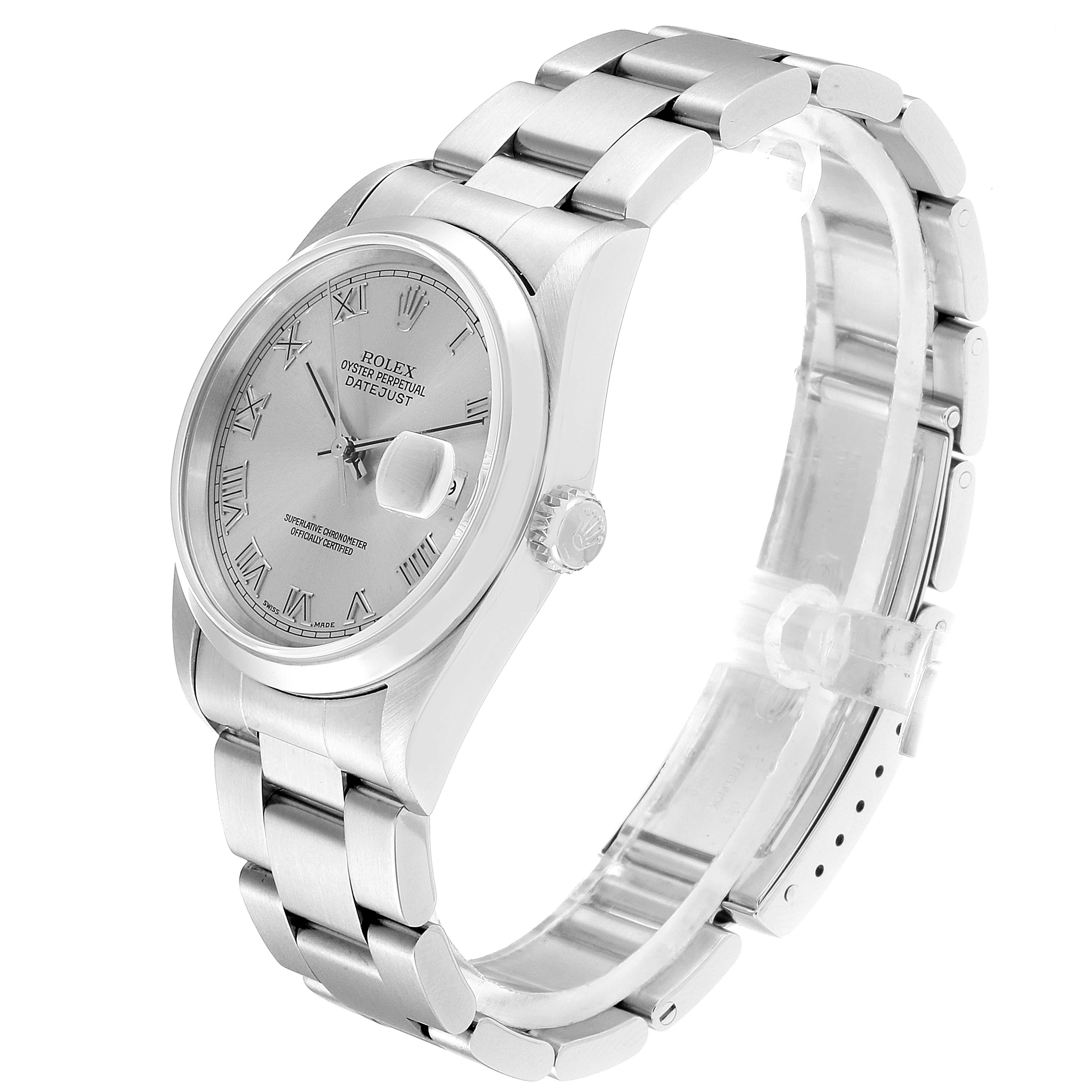 The image shows a side view of a Rolex Datejust 16200 Men
s Stainless Steel Grey Dial 16200 Men
s Stainless Steel Grey Dial watch, highlighting the dial, crown, and bracelet.