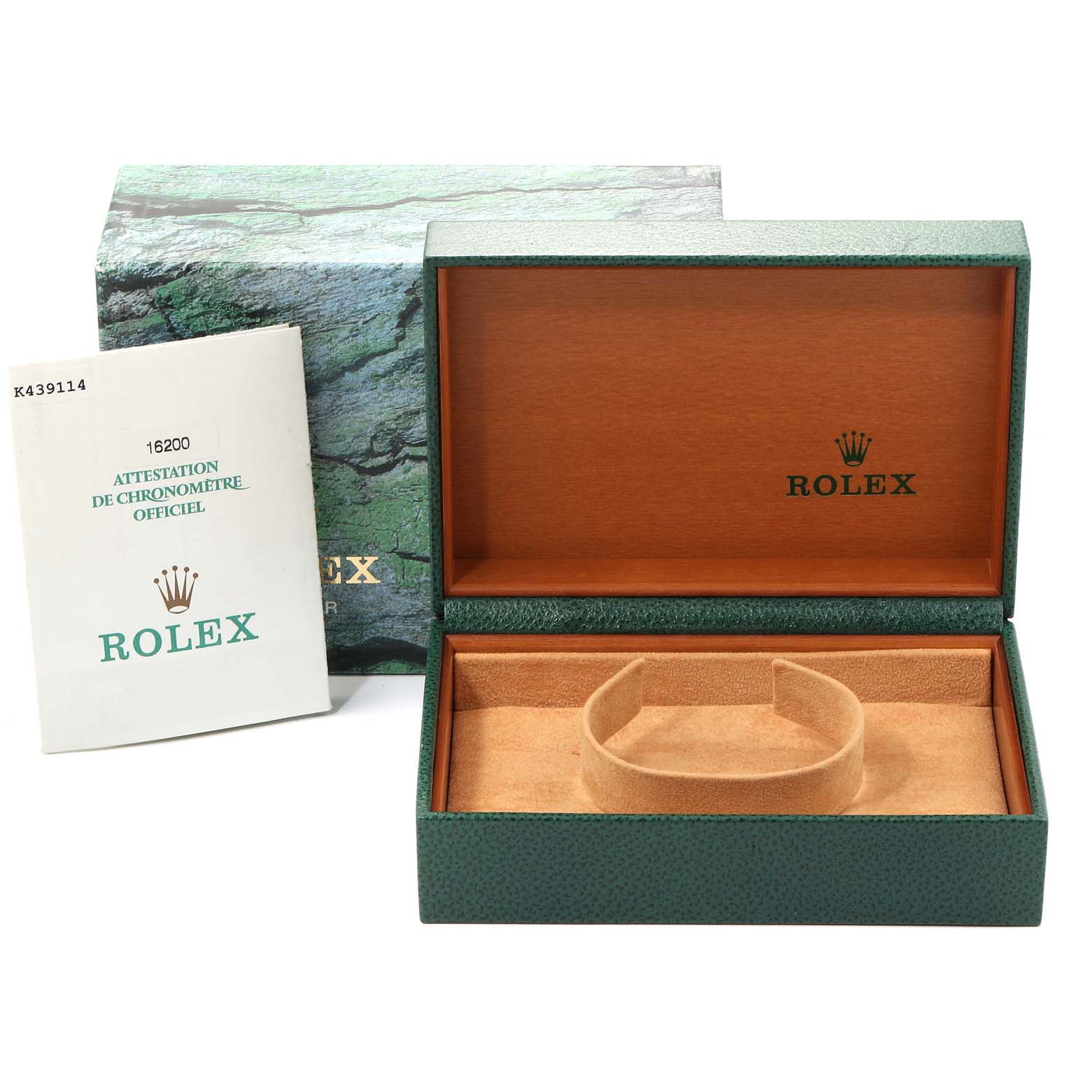 The image shows the open box of a Rolex Datejust 16200 Men
s Stainless Steel Grey Dial 16200 Men
s Stainless Steel Grey Dial watch, accompanied by its outer packaging and an official certification booklet.