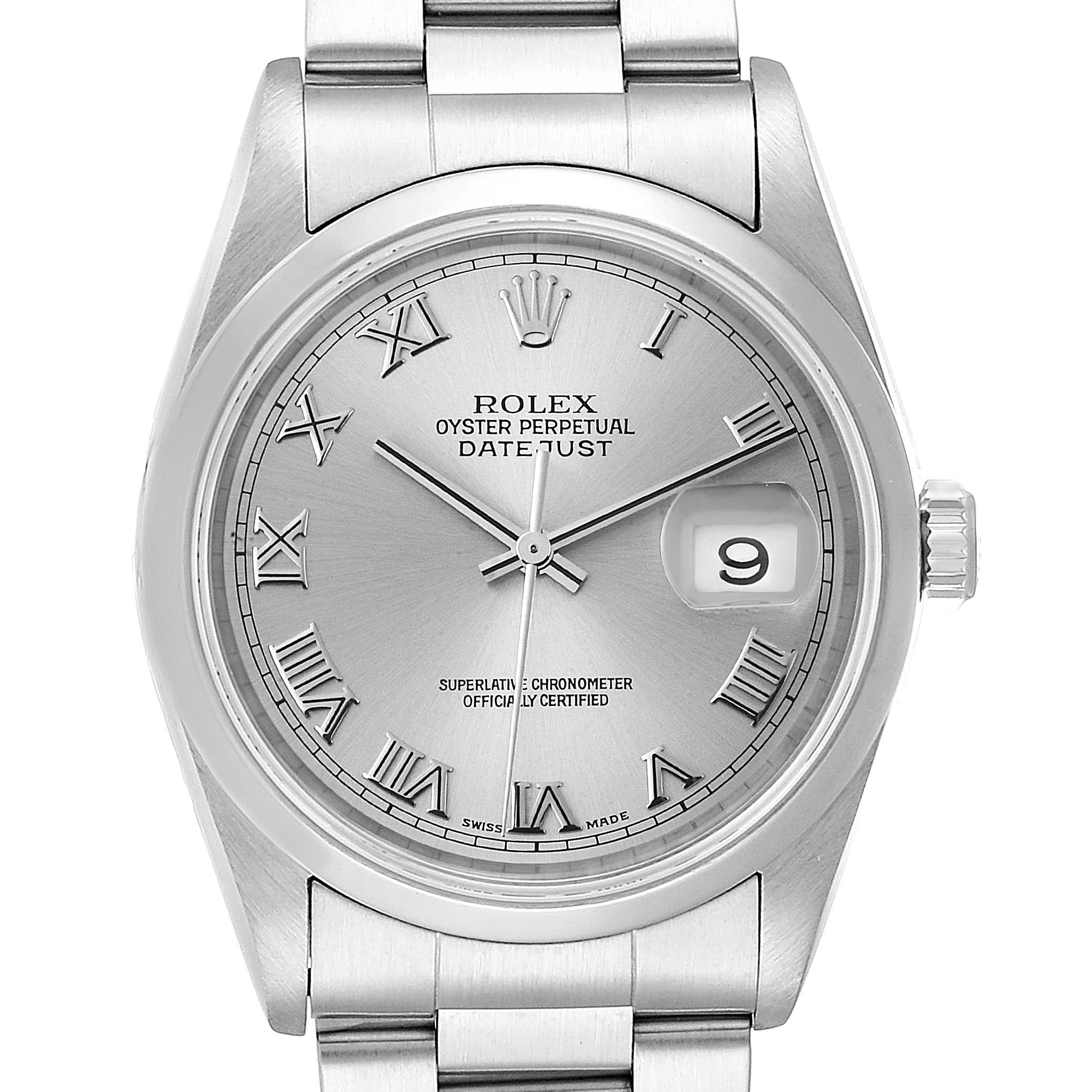 The image shows a close-up of the Rolex Datejust 16200 Men
s Stainless Steel Grey Dial 16200 Men
s Stainless Steel Grey Dial watch face, including the dial, hands, bracelet, and date window.
