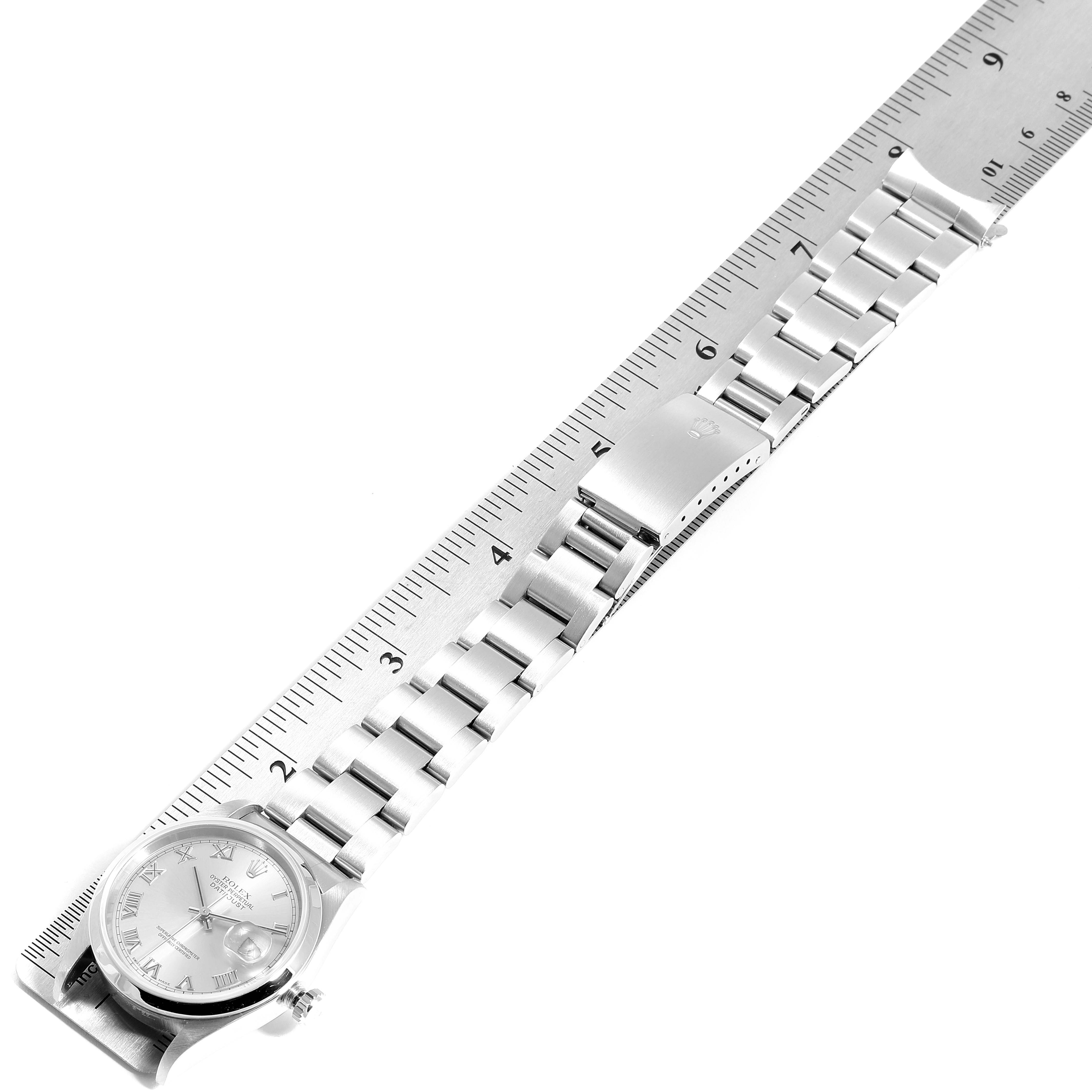 The image shows a top-down angle of a Rolex Datejust 16200 Men
s Stainless Steel Grey Dial 16200 Men
s Stainless Steel Grey Dial watch, displaying the full length of the watch including the face and the bracelet.