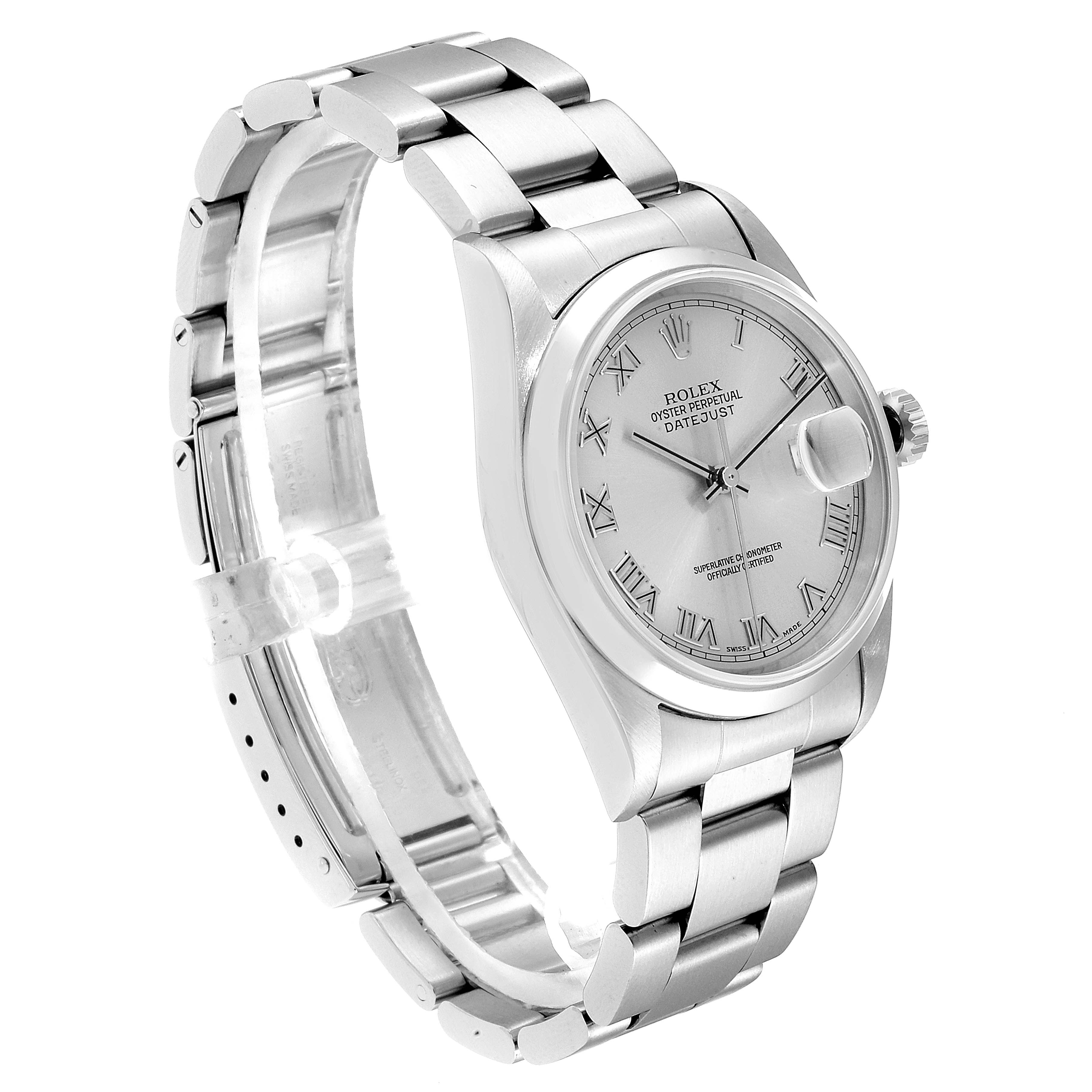 The image shows a Rolex Datejust 16200 Men
s Stainless Steel Grey Dial 16200 Men
s Stainless Steel Grey Dial watch from a three-quarter angle, highlighting the dial, crown, and part of the bracelet.