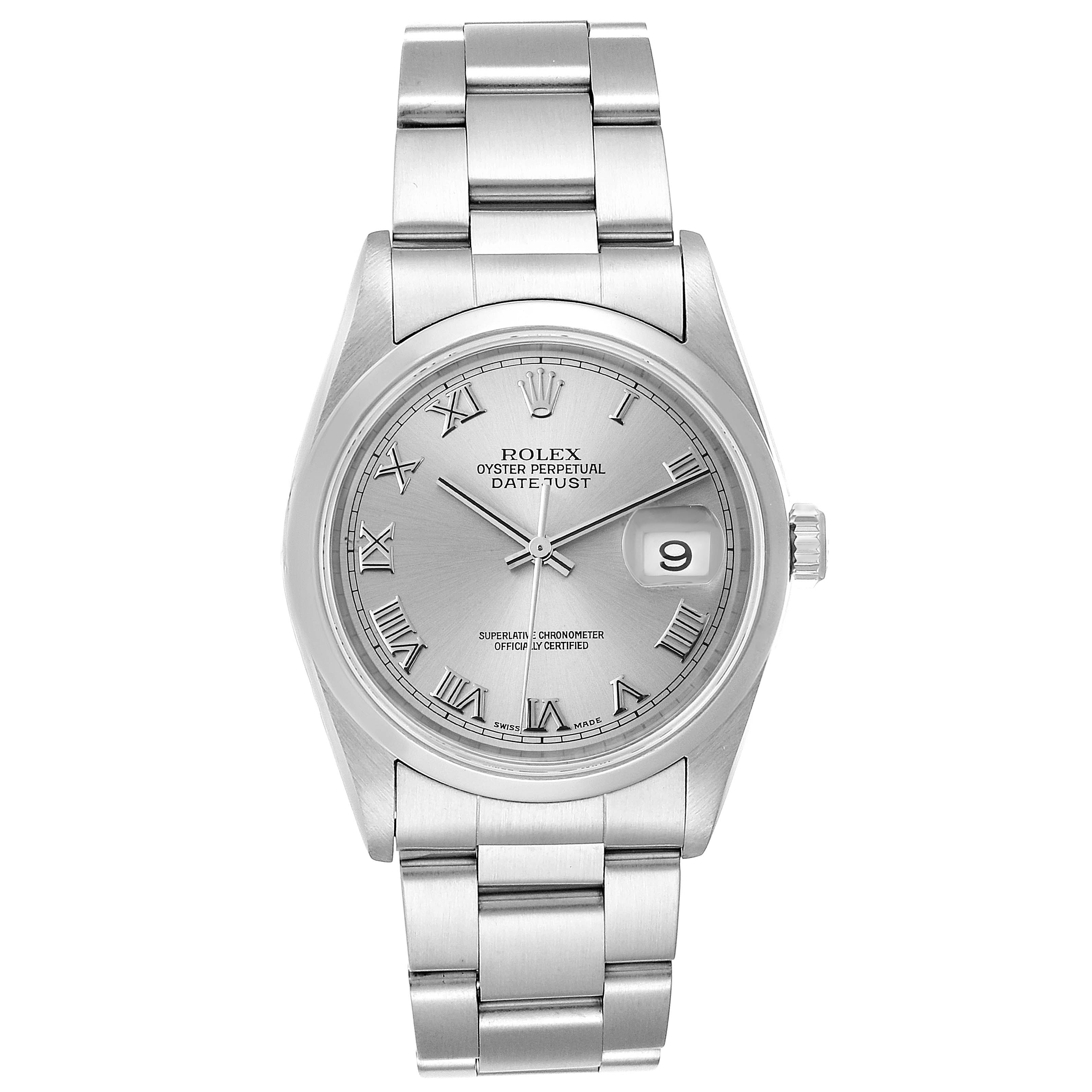 This image shows a front view of the Rolex Datejust 16200 Men
s Stainless Steel Grey Dial 16200 Men
s Stainless Steel Grey Dial watch, highlighting the dial, bracelet, and date window.