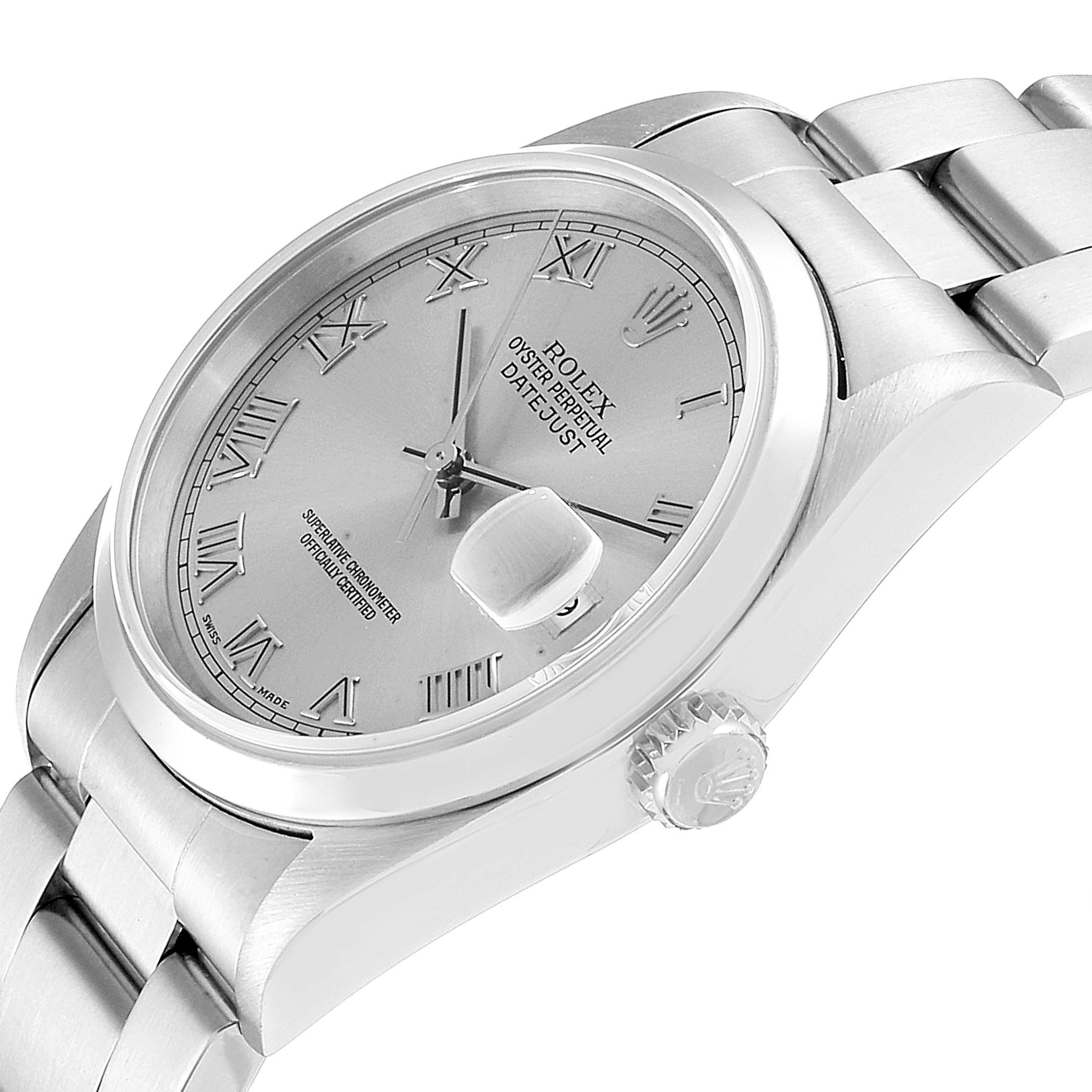 The image shows a close-up angle of a Rolex Datejust 16200 Men
s Stainless Steel Grey Dial 16200 Men
s Stainless Steel Grey Dial watch displaying its face, bezel, crown, and part of the bracelet.