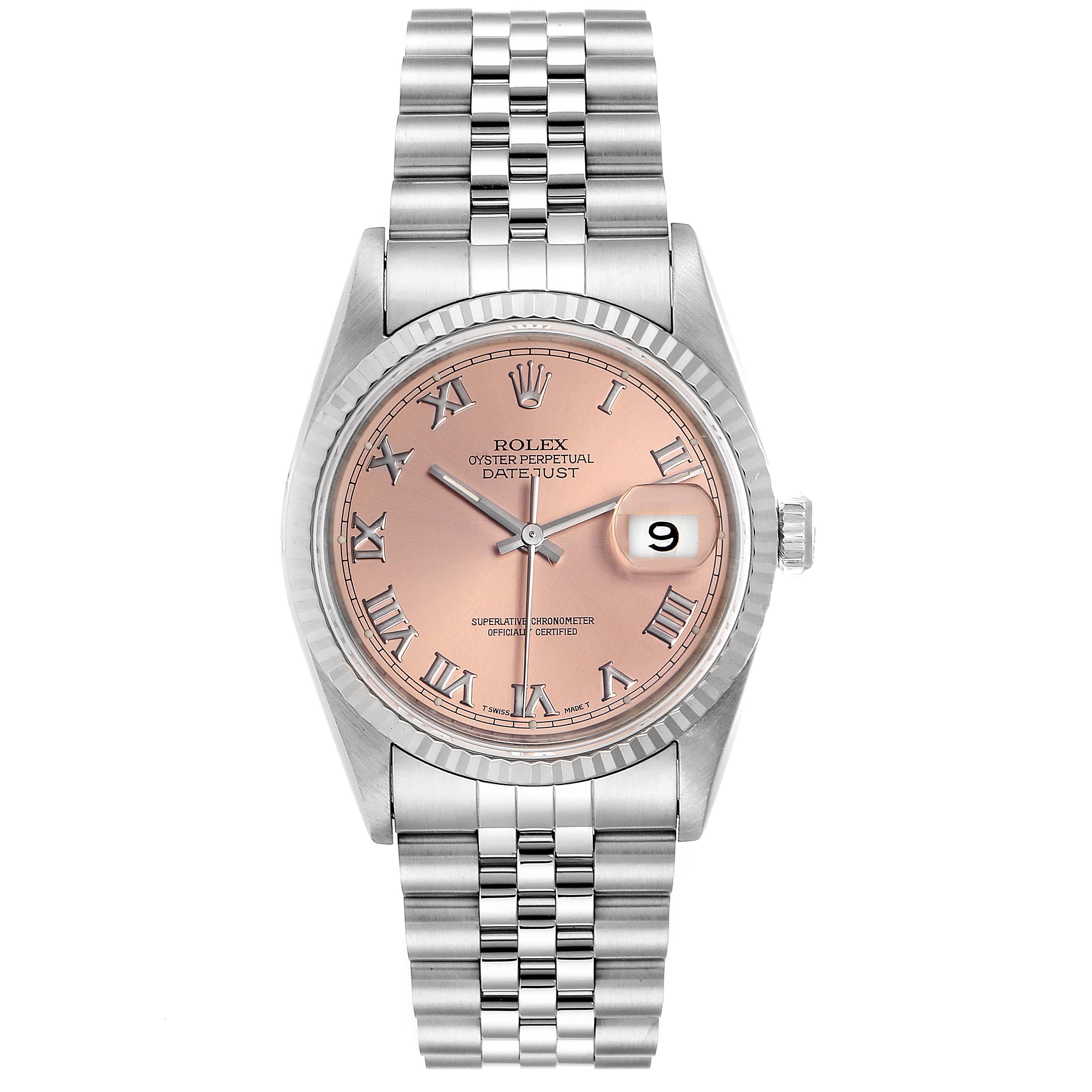 This is a head-on view of a Rolex Datejust 16234 Men
s Stainless Steel Pink Dial 16234 Men
s Stainless Steel Pink Dial watch, featuring a pink dial, Roman numerals, a date window, and a stainless steel bracelet.