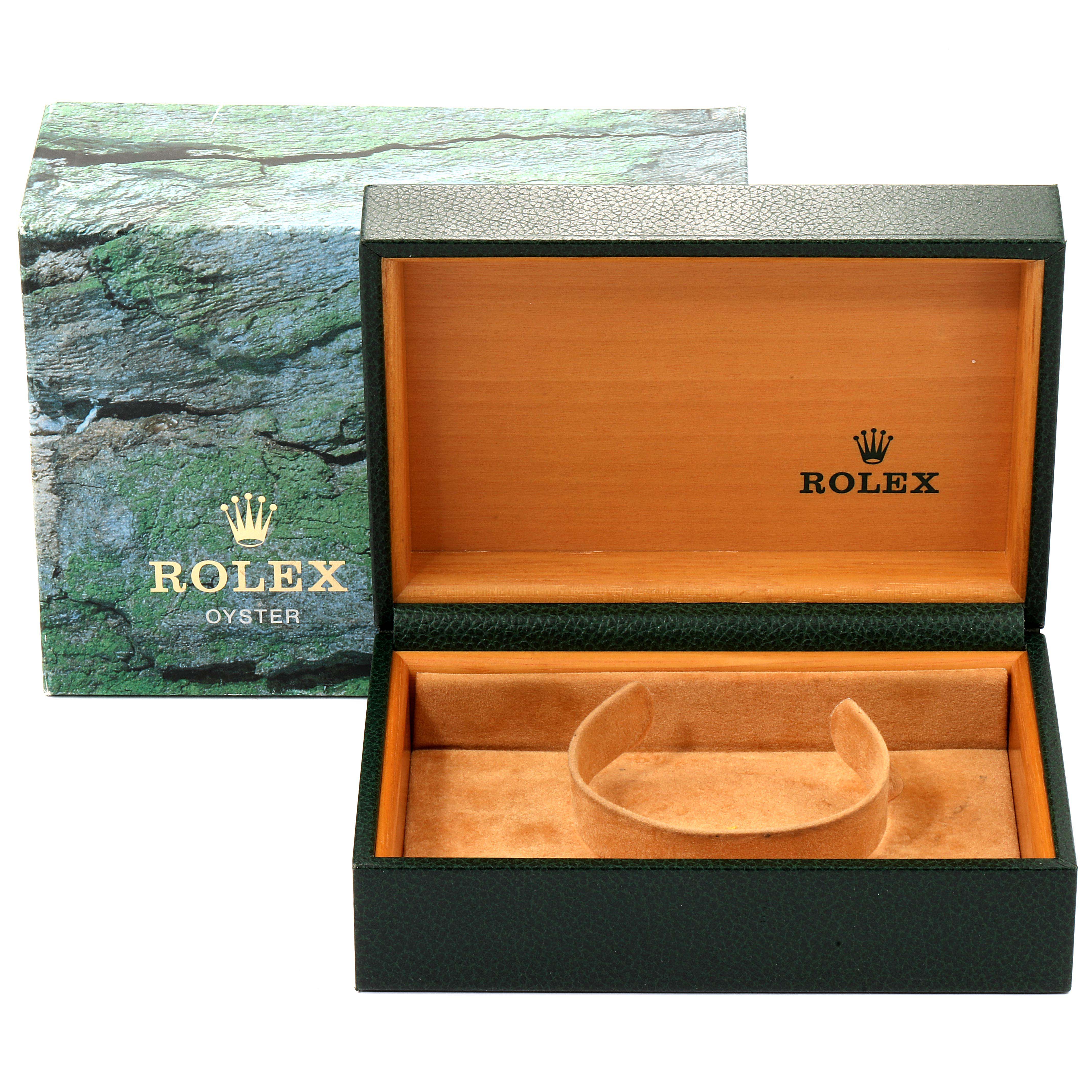 The image shows an open Rolex Datejust 16234 Men
s Stainless Steel Pink Dial 16234 Men
s Stainless Steel Pink Dial watch box from a front angle, along with its exterior packaging.