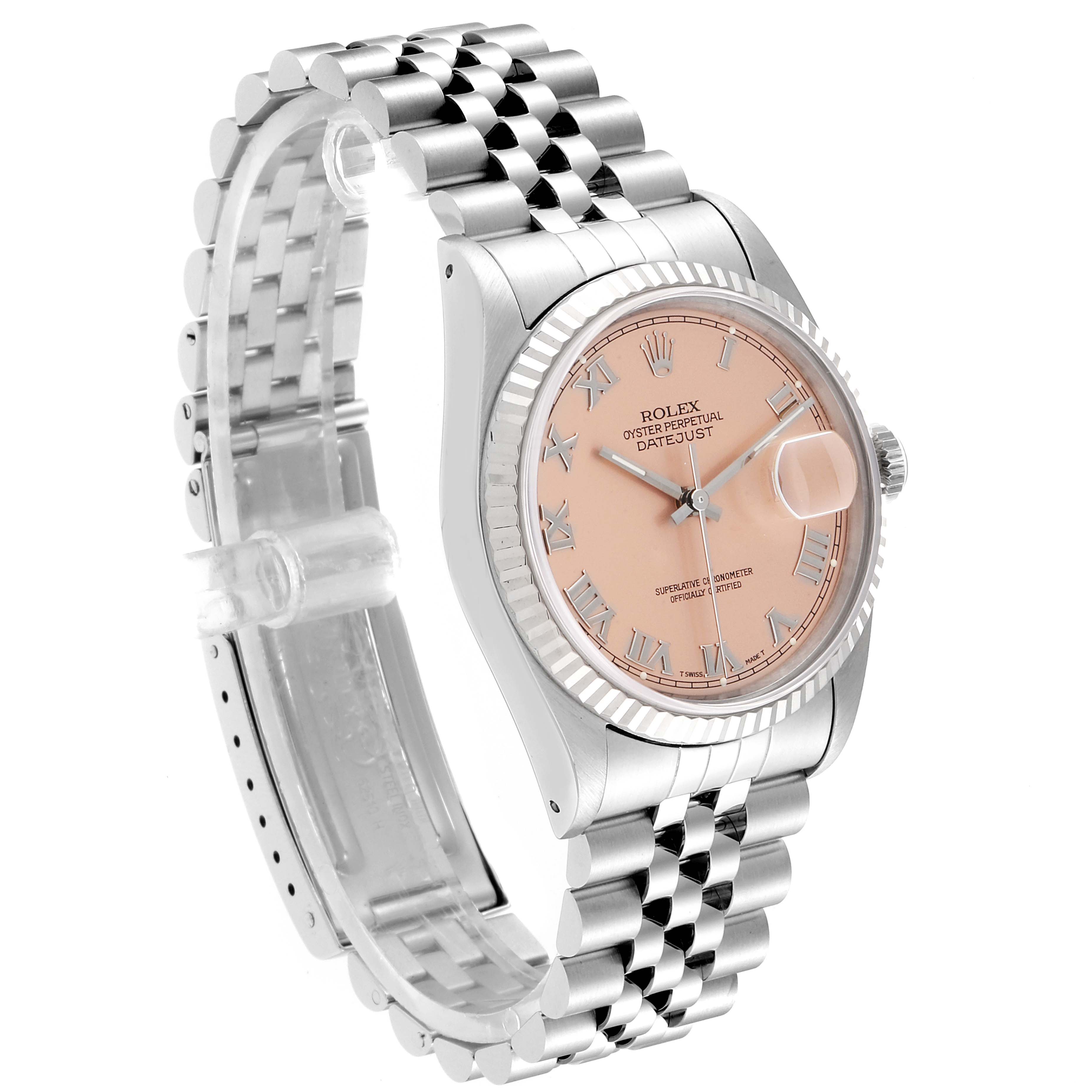 This is a Rolex Datejust 16234 Men
s Stainless Steel Pink Dial 16234 Men
s Stainless Steel Pink Dial watch, shown at a three-quarter angle highlighting its face, bezel, and Jubilee bracelet.