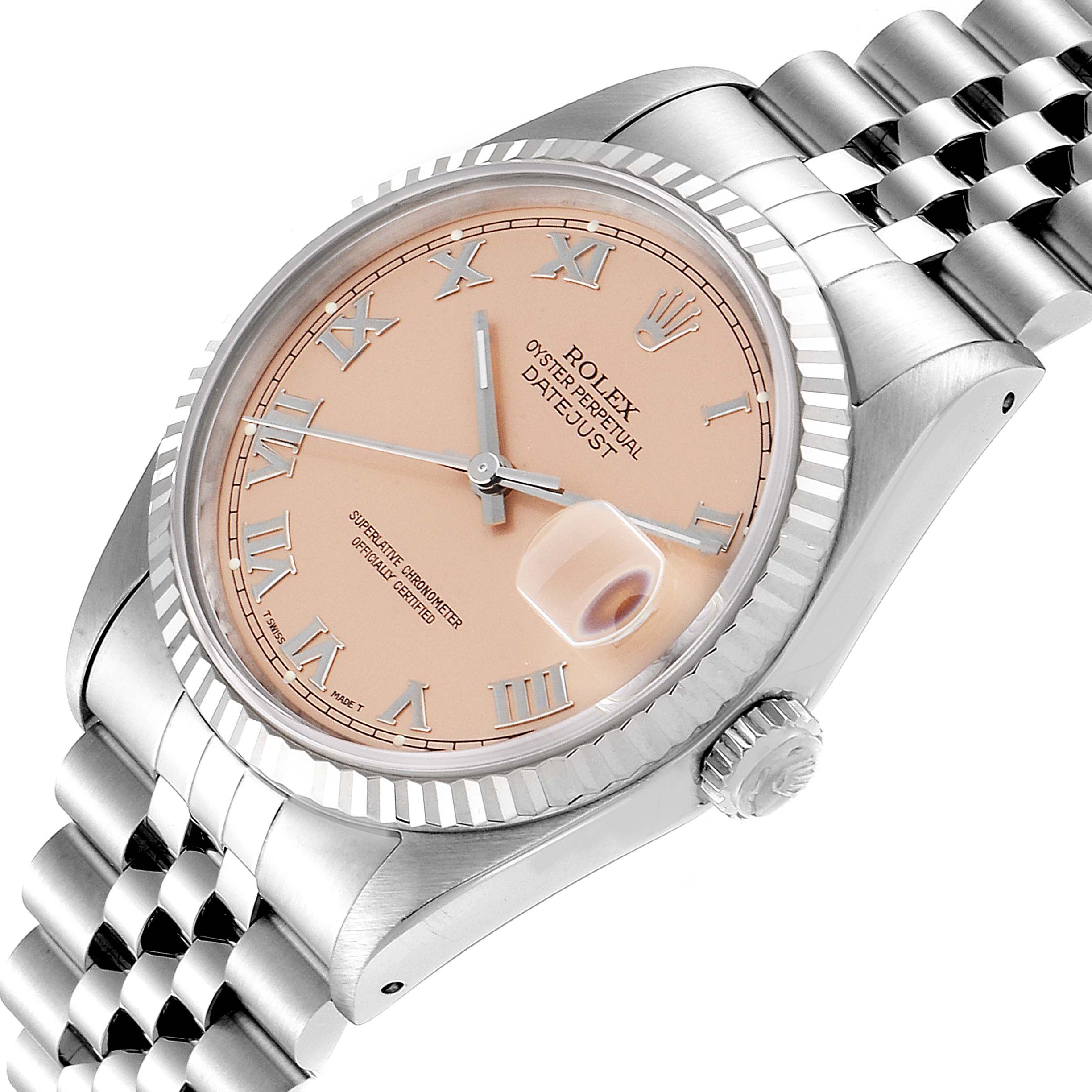 This image shows a close-up, angled view of the Rolex Datejust 16234 Men
s Stainless Steel Pink Dial 16234 Men
s Stainless Steel Pink Dial watch, highlighting the dial, crown, and bracelet.