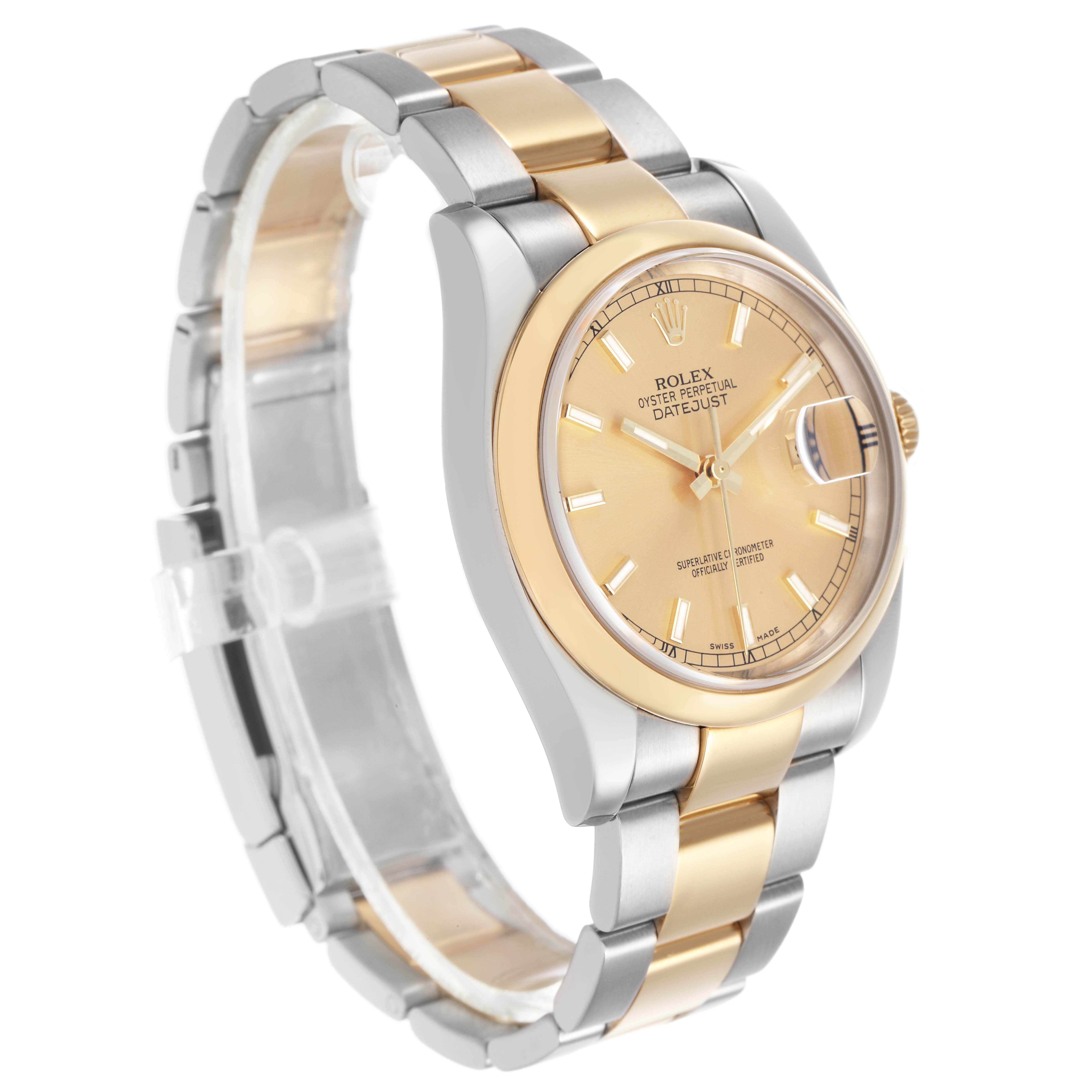The Rolex Datejust 116233 Men's Stainless Steel Champagne Dial watch is shown at a three-quarter angle, highlighting the gold dial, bezel, and two-tone bracelet.