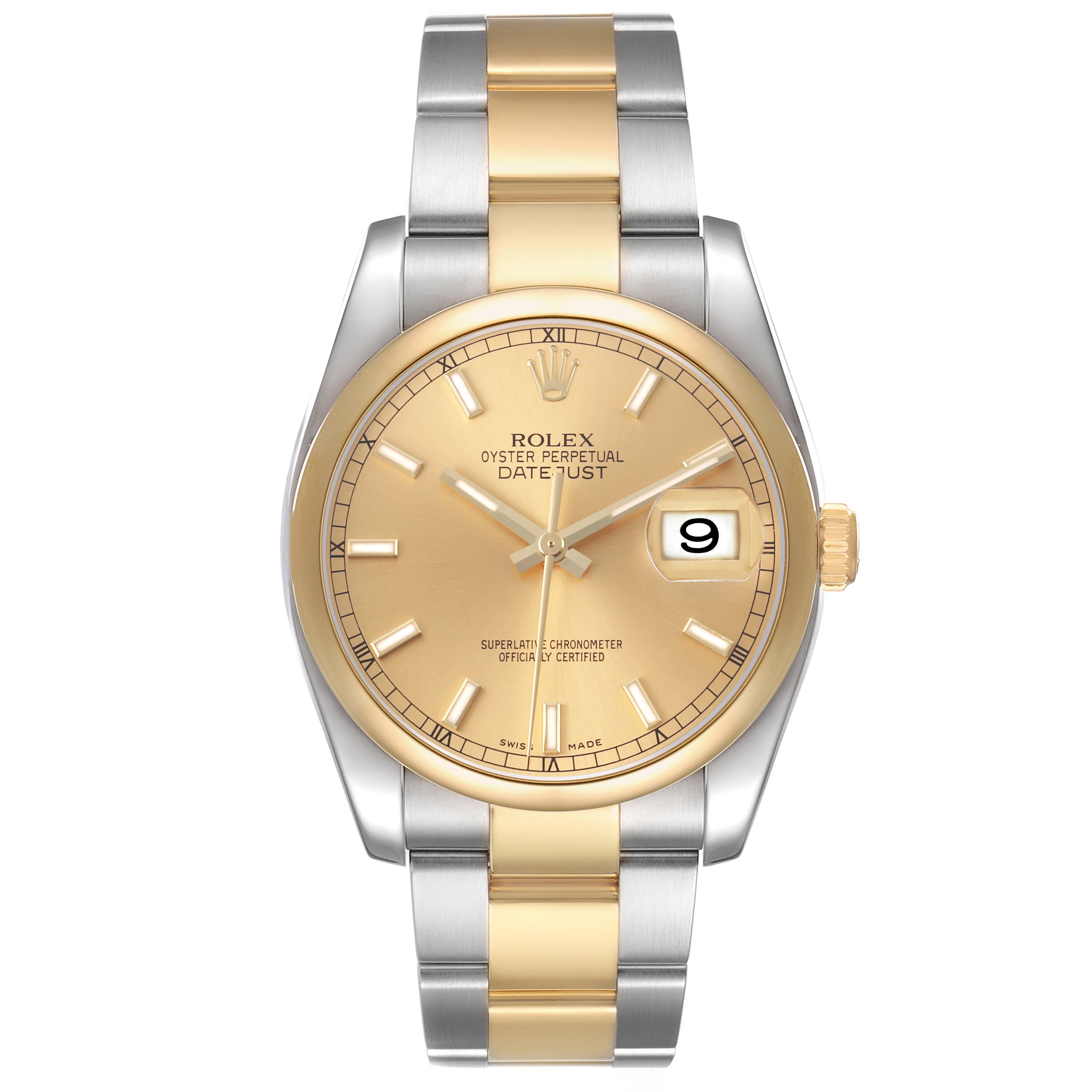 The Rolex Datejust 116233 Men's Stainless Steel Champagne Dial watch is shown from a top-down angle, highlighting the face, bezel, crown, and bracelet.