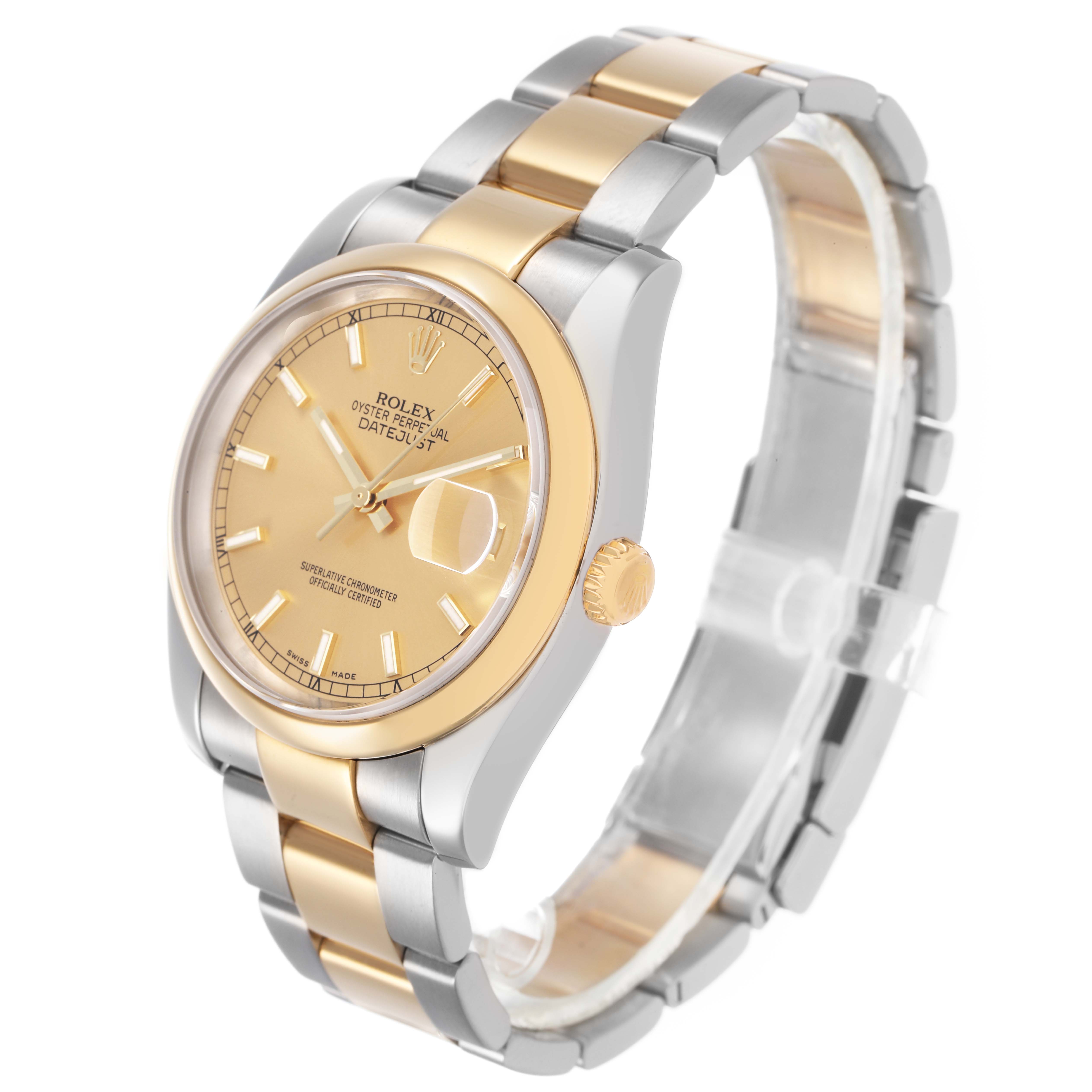 The Rolex Datejust 116233 Men's Stainless Steel Champagne Dial watch is shown at a three-quarter angle, highlighting the face, bezel, crown, and two-tone bracelet.