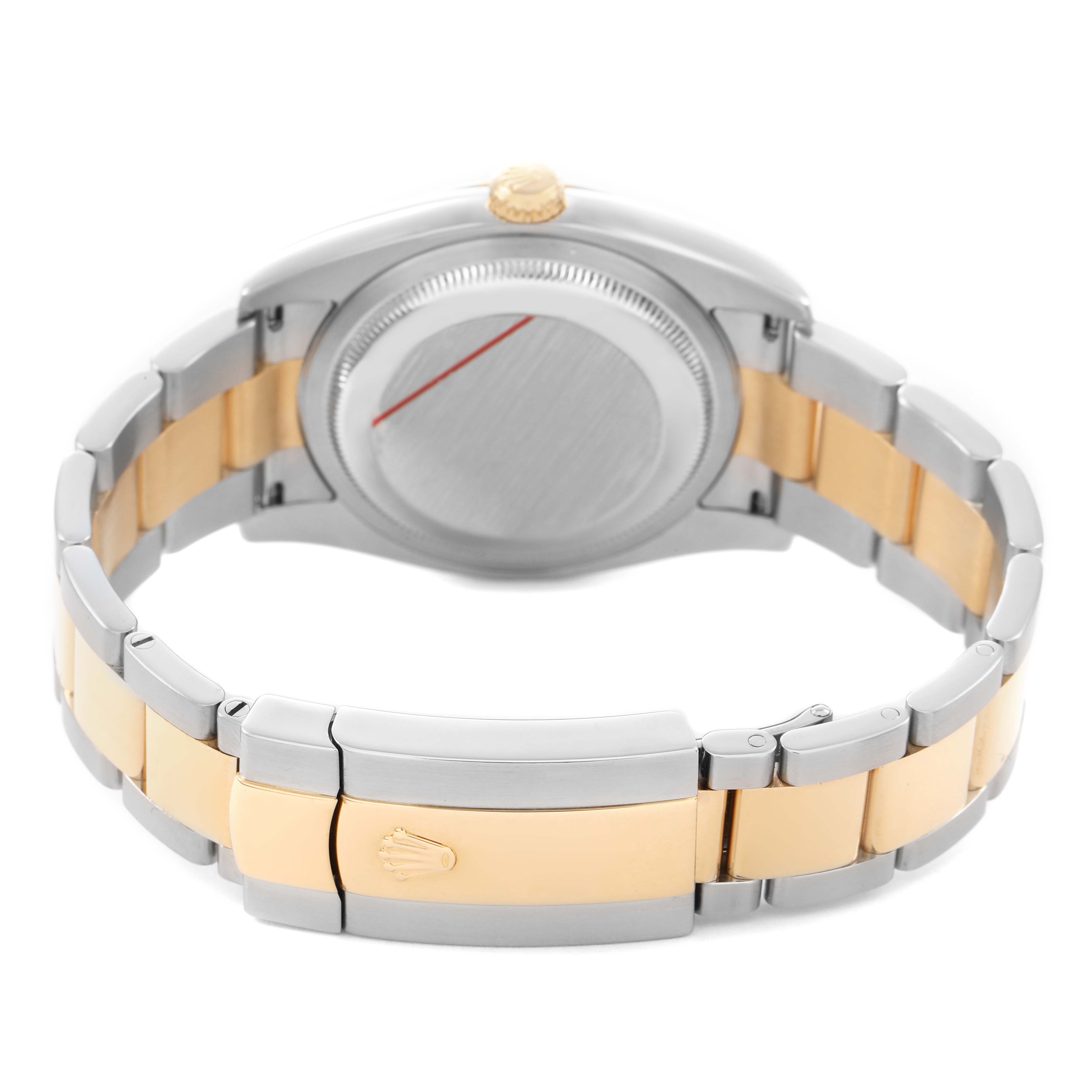 The image shows the back view of a Rolex Datejust 116233 Men's Stainless Steel Champagne Dial watch, highlighting the clasp and bracelet with a blend of gold and silver tones.