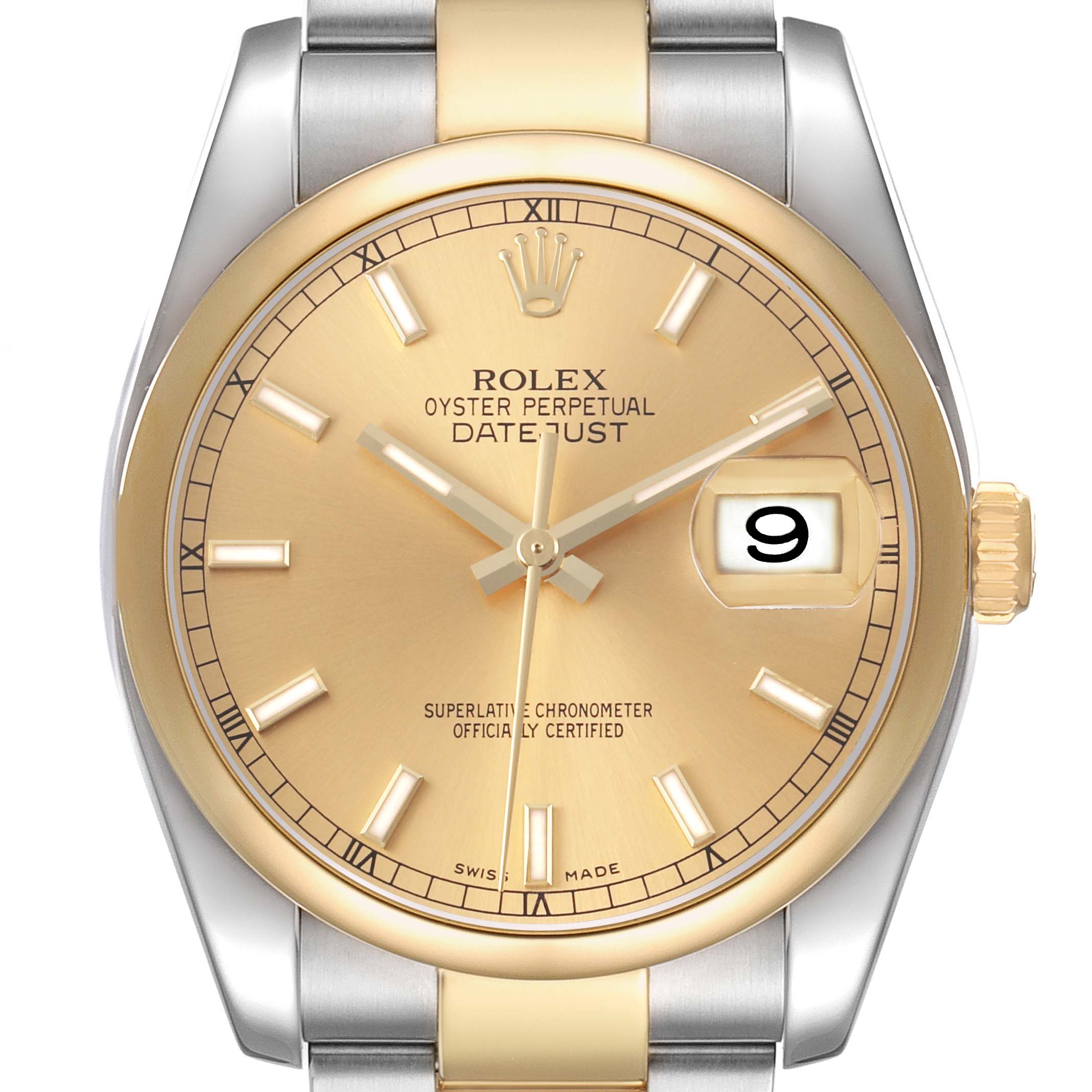 The Rolex Datejust 116233 Men's Stainless Steel Champagne Dial watch is shown from a front angle, highlighting the dial, hands, date window, and part of the bracelet.