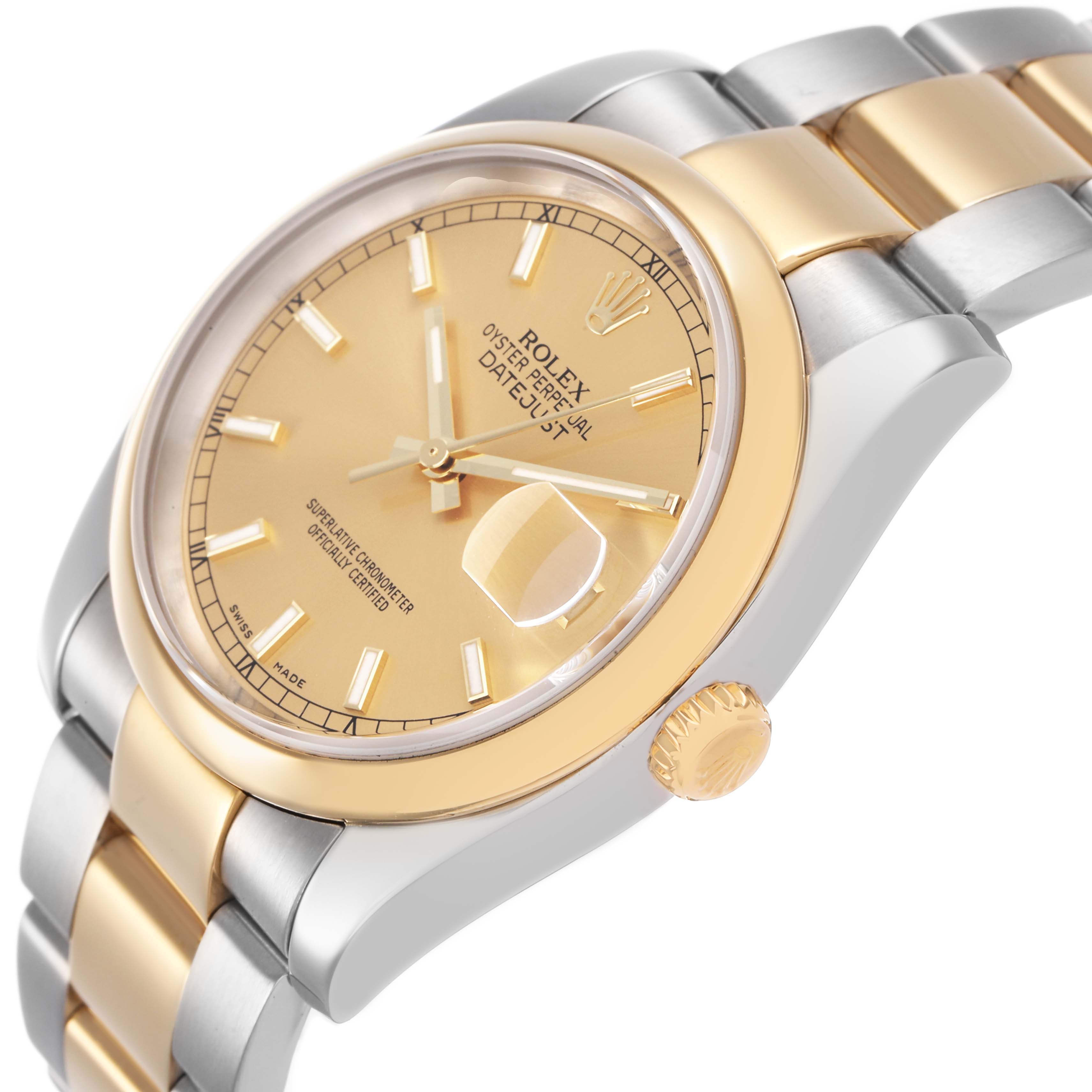 The Rolex Datejust 116233 Men's Stainless Steel Champagne Dial watch is shown at an angled view highlighting the dial, bezel, crown, and part of the bracelet.