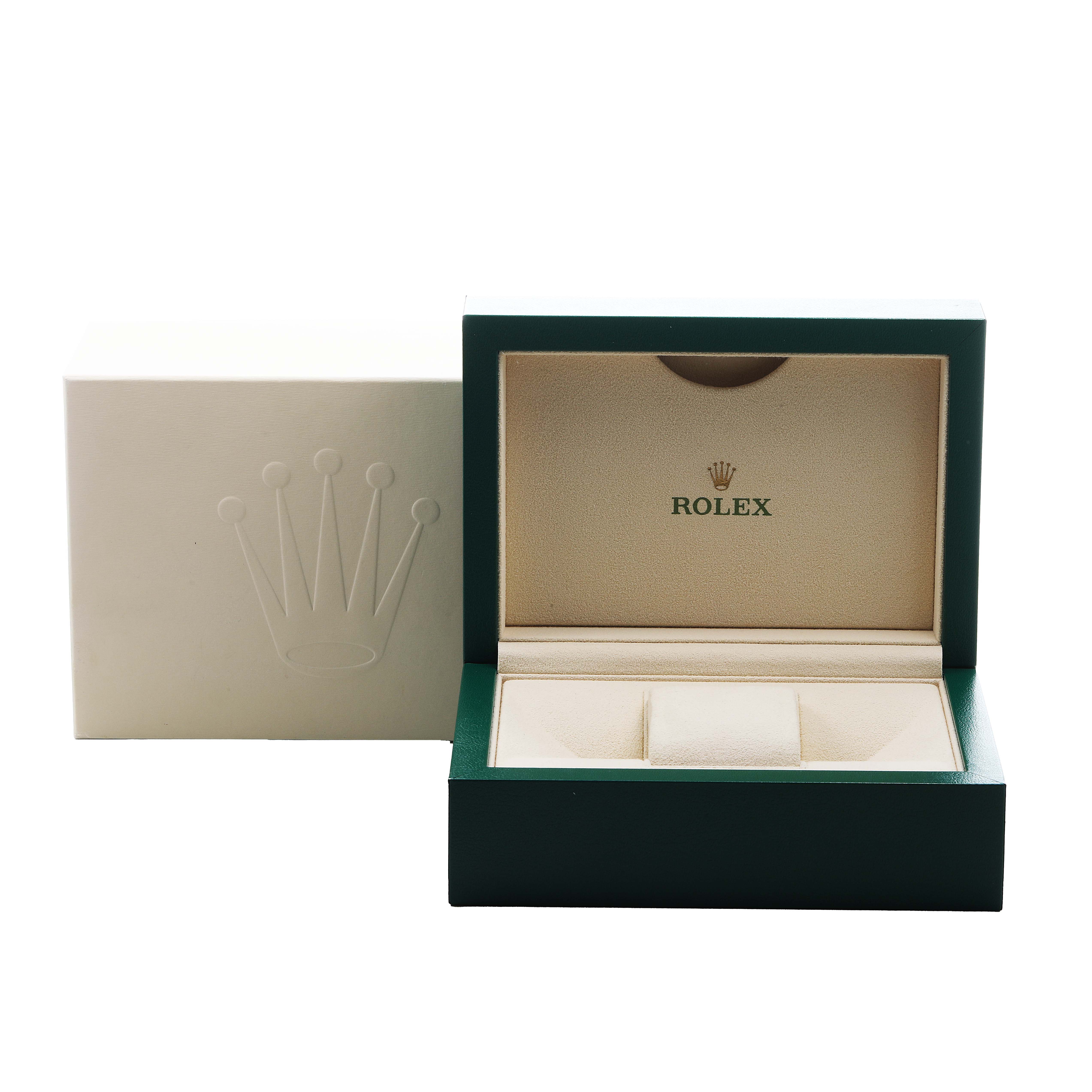 The image shows an open Rolex Datejust 126233 Men's Stainless Steel Champagne Dial watch box with a beige and green interior, featuring the brand logo inside.