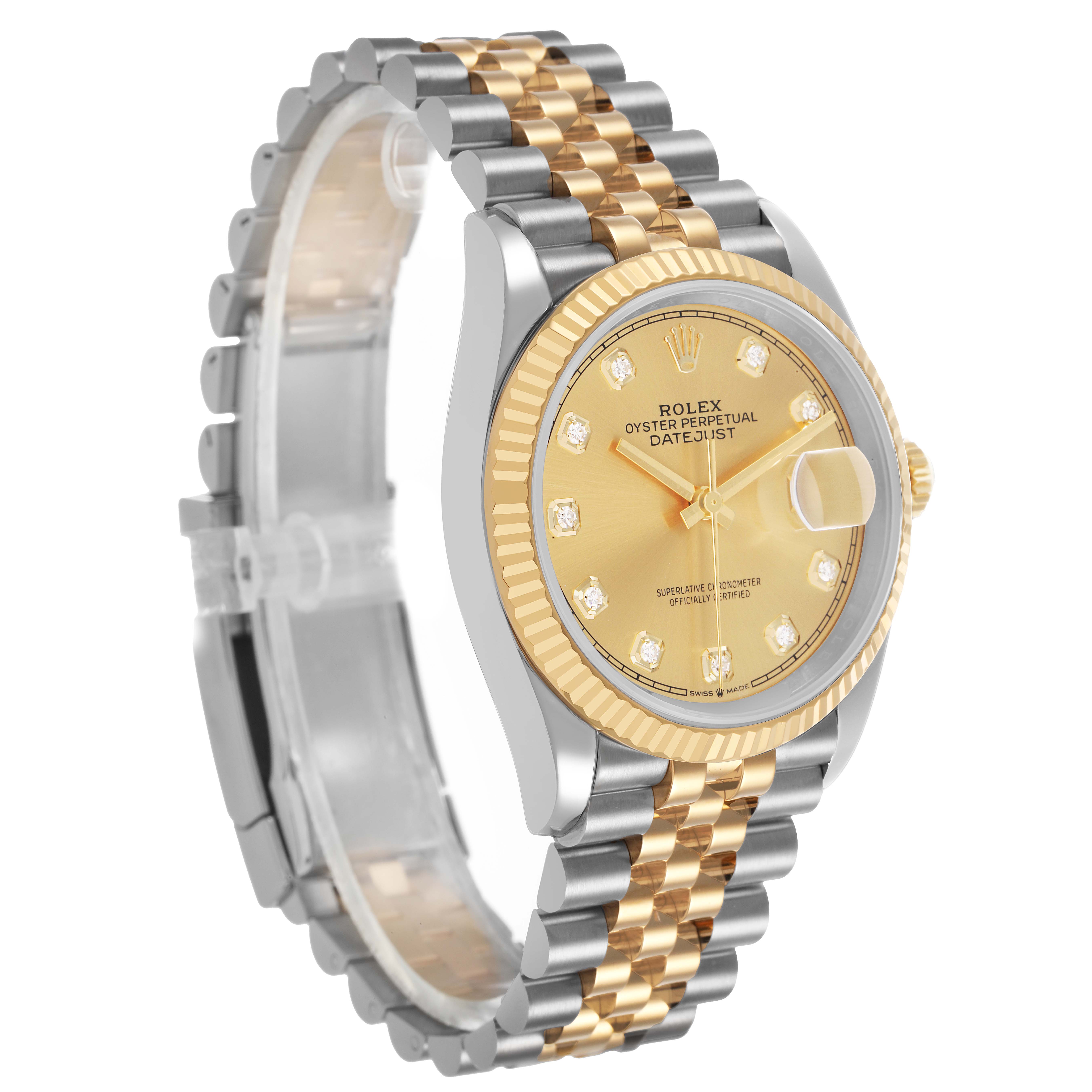 The Rolex Datejust 126233 Men's Stainless Steel Champagne Dial is shown at a three-quarter angle, highlighting the dial, bezel, and Jubilee bracelet.