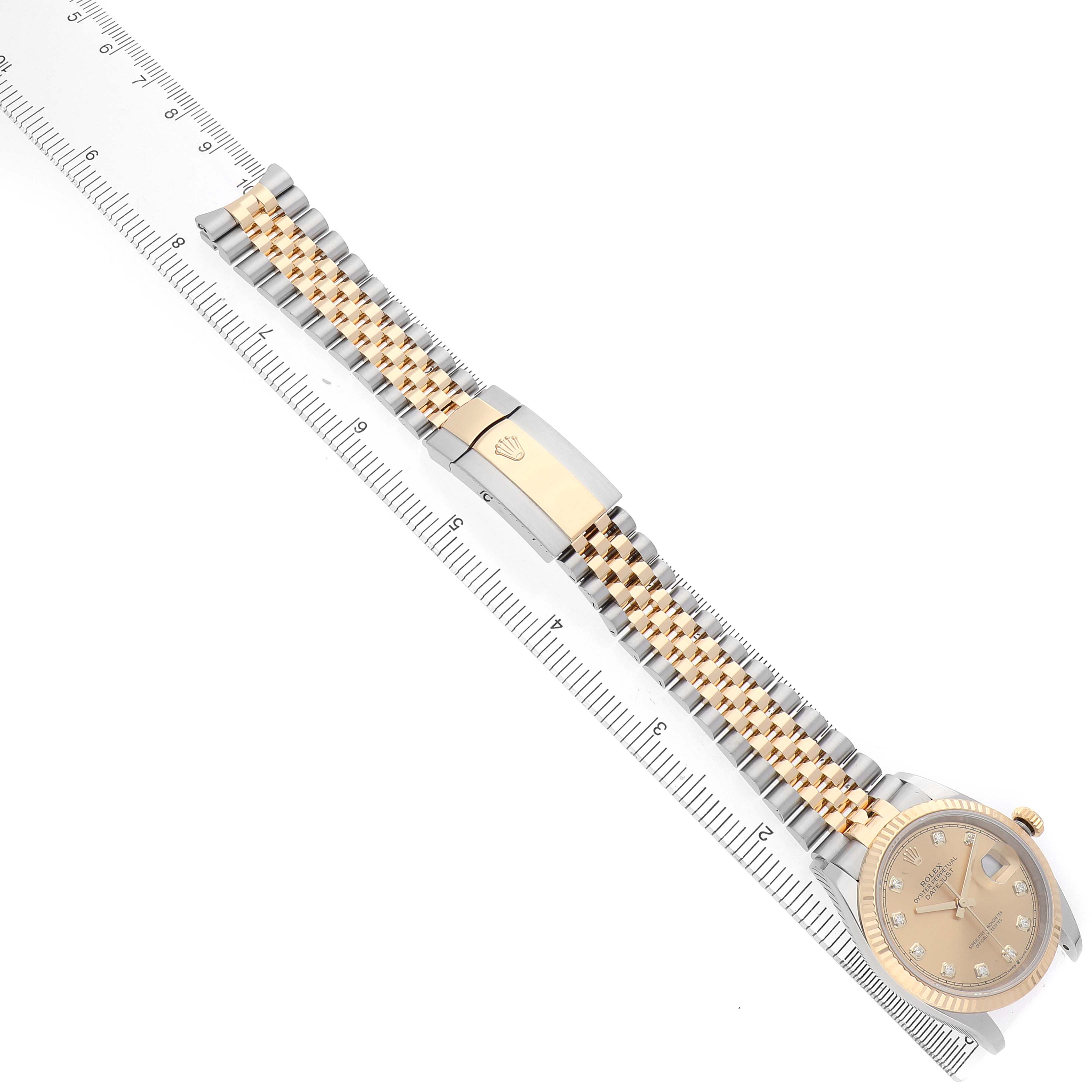 The Rolex Datejust 126233 Men's Stainless Steel Champagne Dial watch is shown from a top-down angle, displaying the bracelet, clasp, and part of the dial.