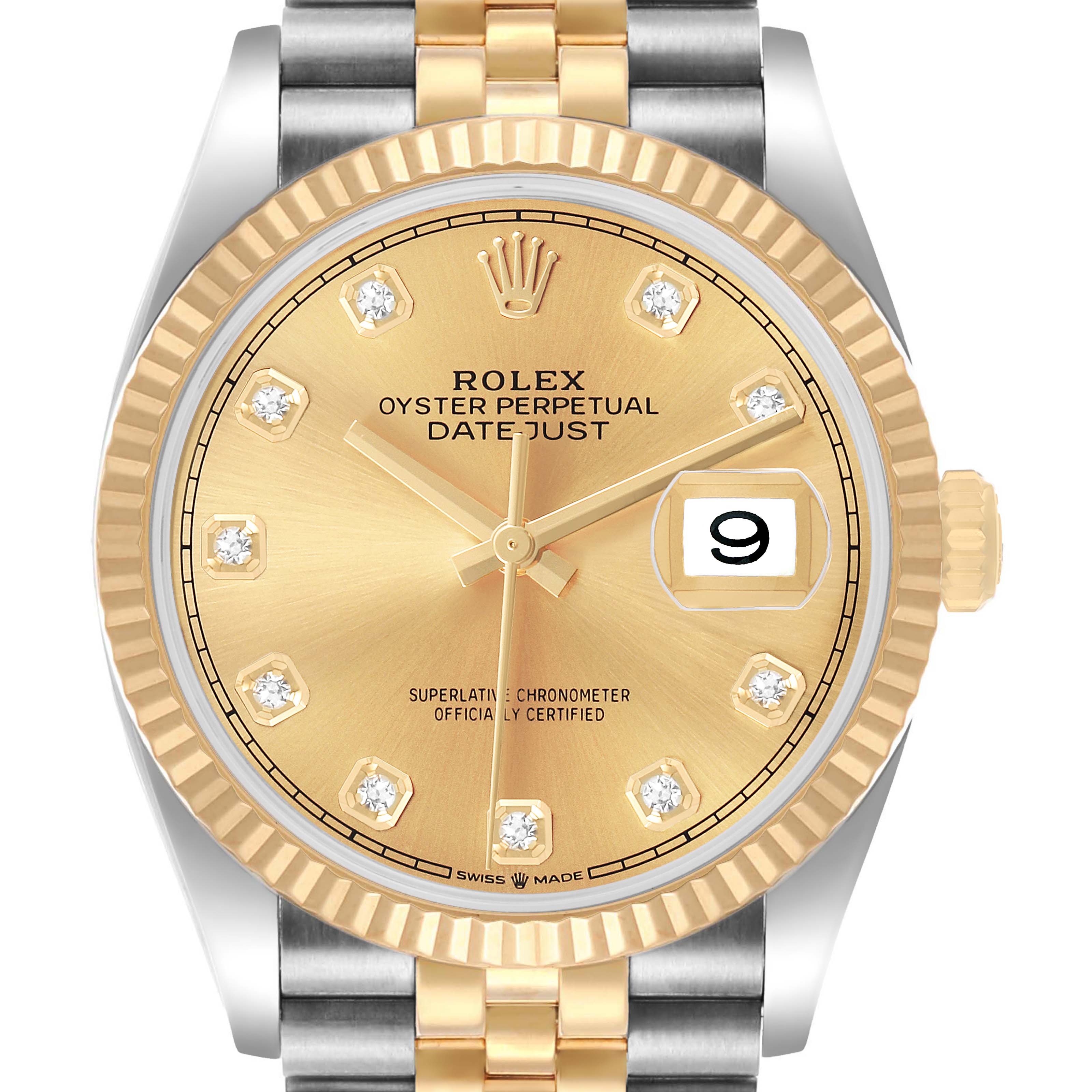The Rolex Datejust 126233 Men's Stainless Steel Champagne Dial watch is shown from the front, highlighting the dial, bezel, and bracelet.