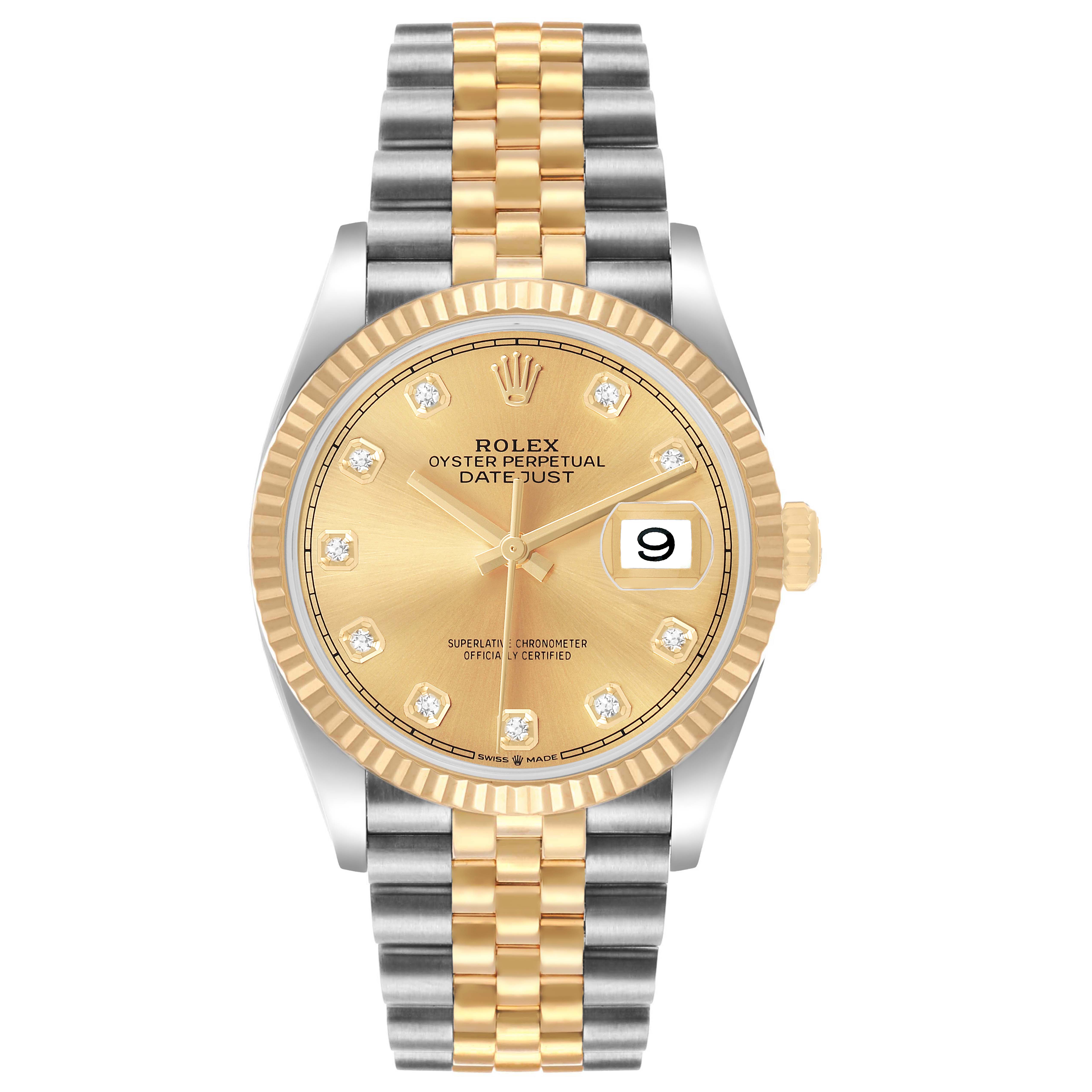 The Rolex Datejust 126233 Men's Stainless Steel Champagne Dial watch is shown from a front angle, featuring the dial, bezel, and Jubilee bracelet.