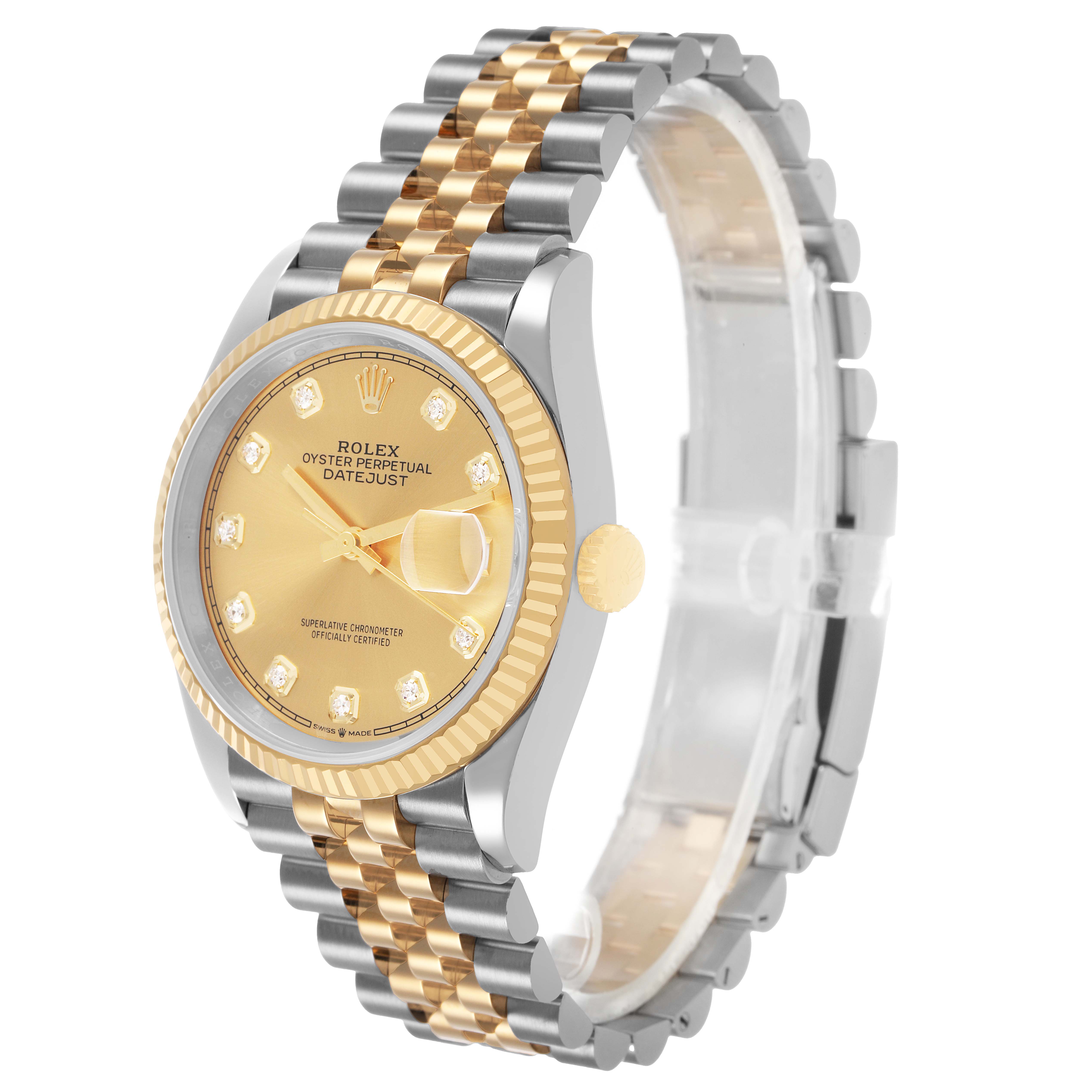 The Rolex Datejust 126233 Men's Stainless Steel Champagne Dial watch is shown at a 3/4 angle, highlighting the gold dial, fluted bezel, and two-tone Jubilee bracelet.