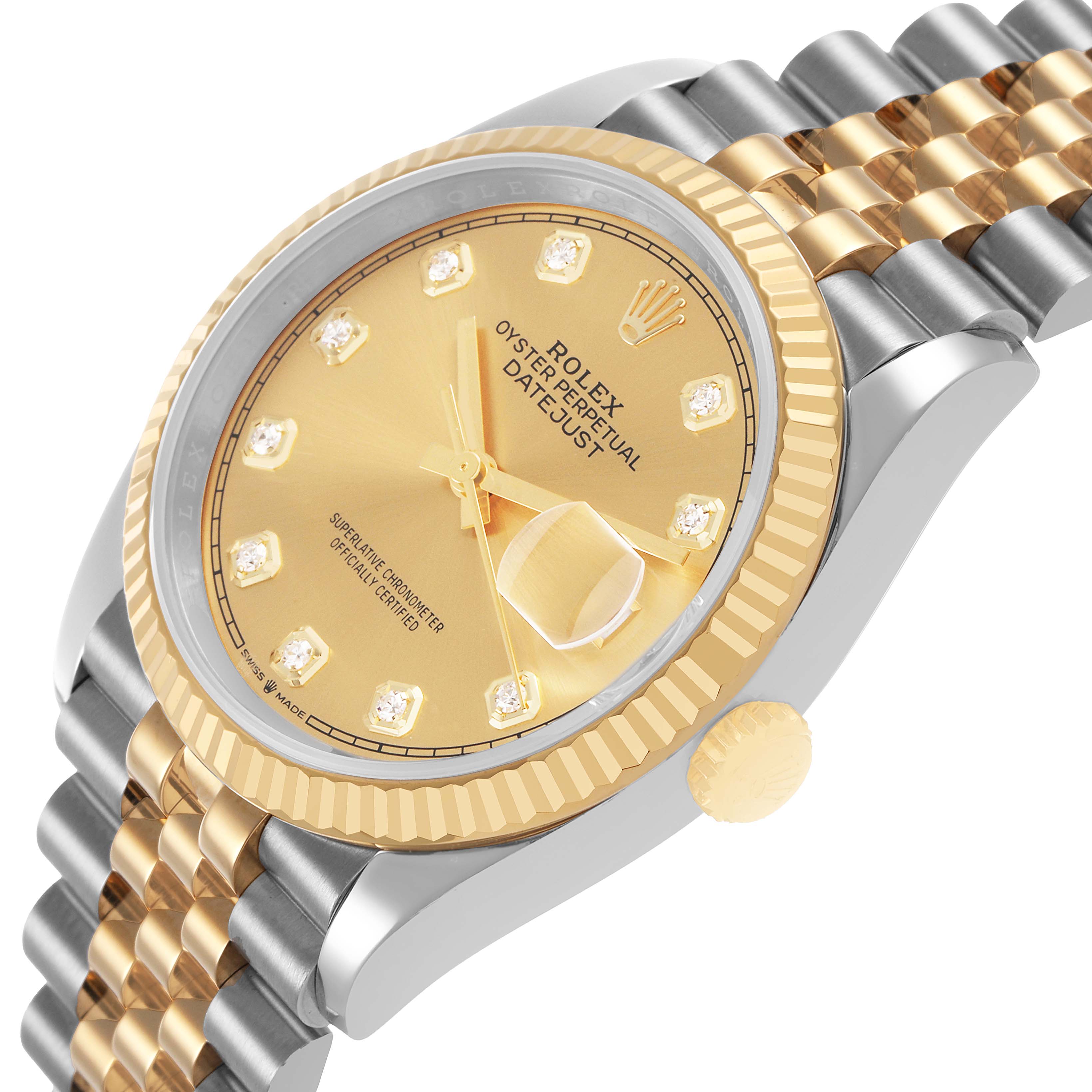 The image shows a Rolex Datejust 126233 Men's Stainless Steel Champagne Dial watch from a side angle, highlighting the gold dial, fluted bezel, and two-tone jubilee bracelet.
