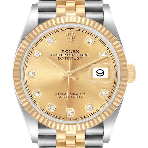 The Rolex Datejust 126233 Men's Stainless Steel Champagne Dial watch is shown from the front, highlighting the dial, bezel, and part of the bracelet.