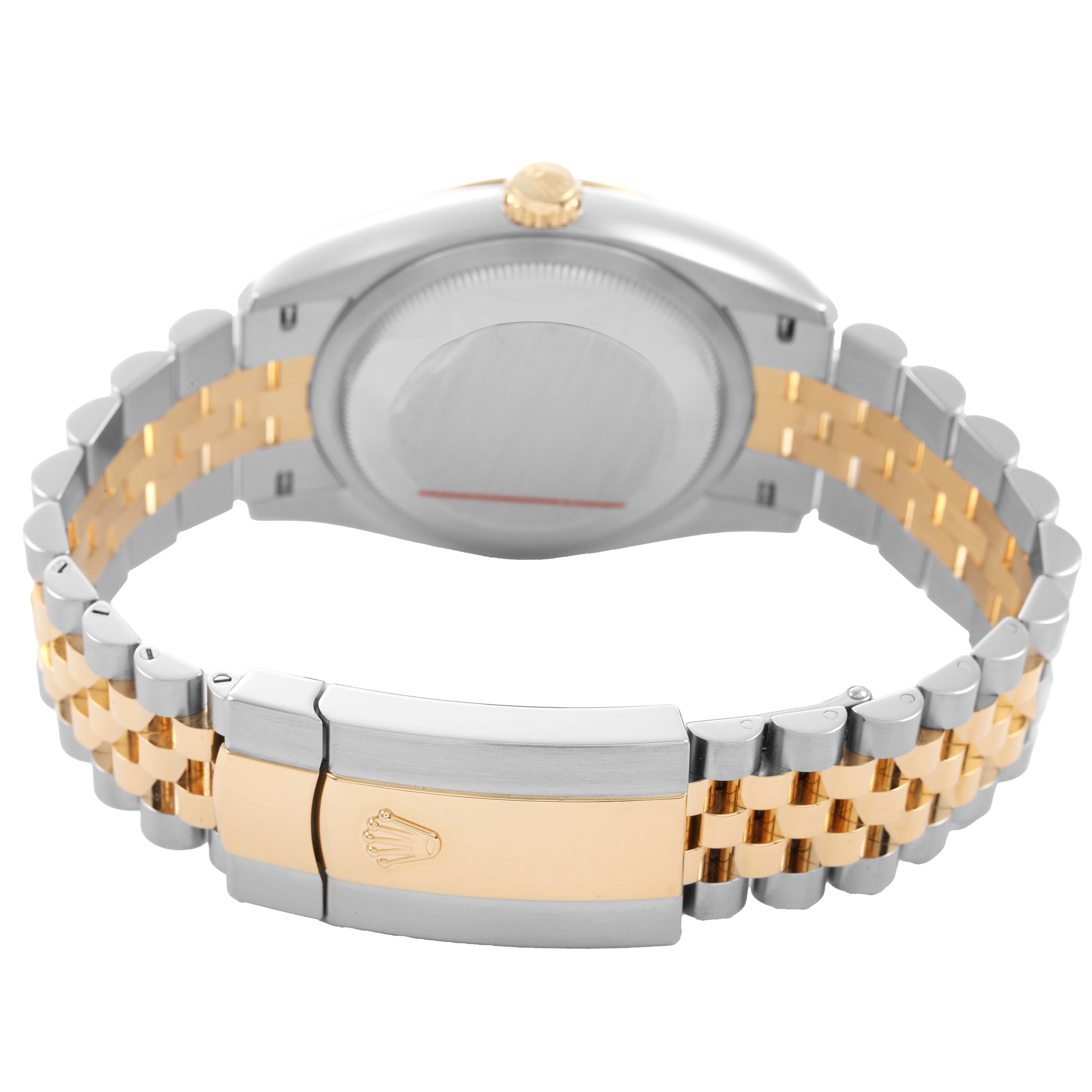 The image shows the Rolex Datejust 126233 Men's Stainless Steel Champagne Dial watch from the back, highlighting the case, crown, and two-tone bracelet with clasp.