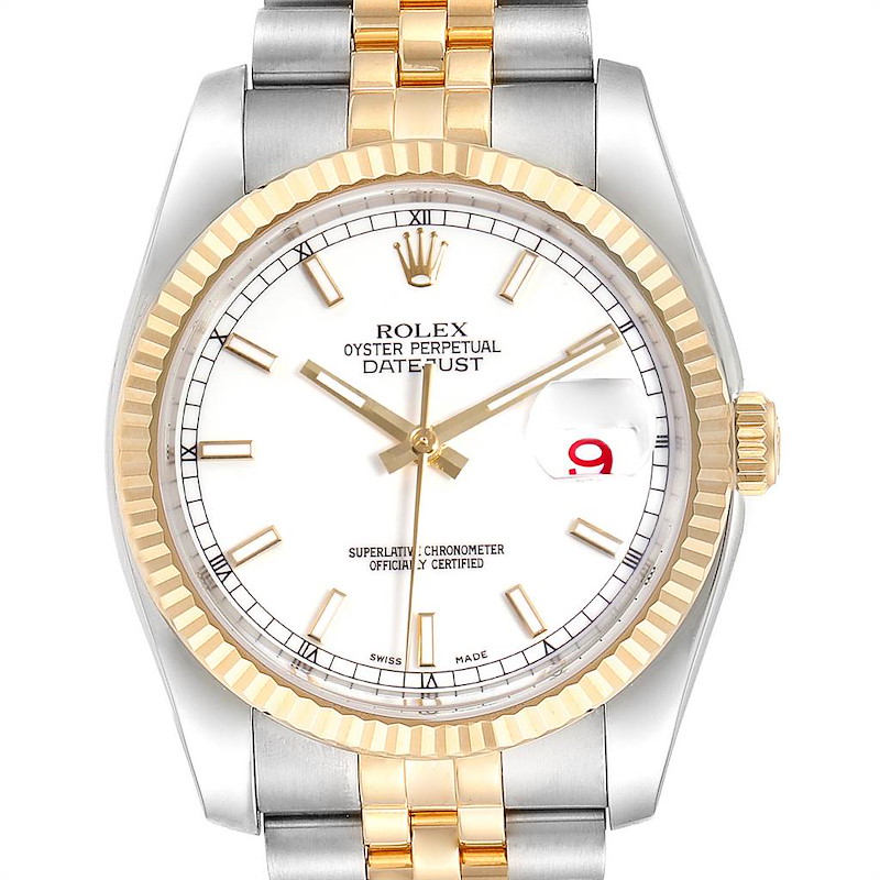 The image shows a frontal view of a Rolex Datejust watch, highlighting its bezel, dial, hands, and bracelet.