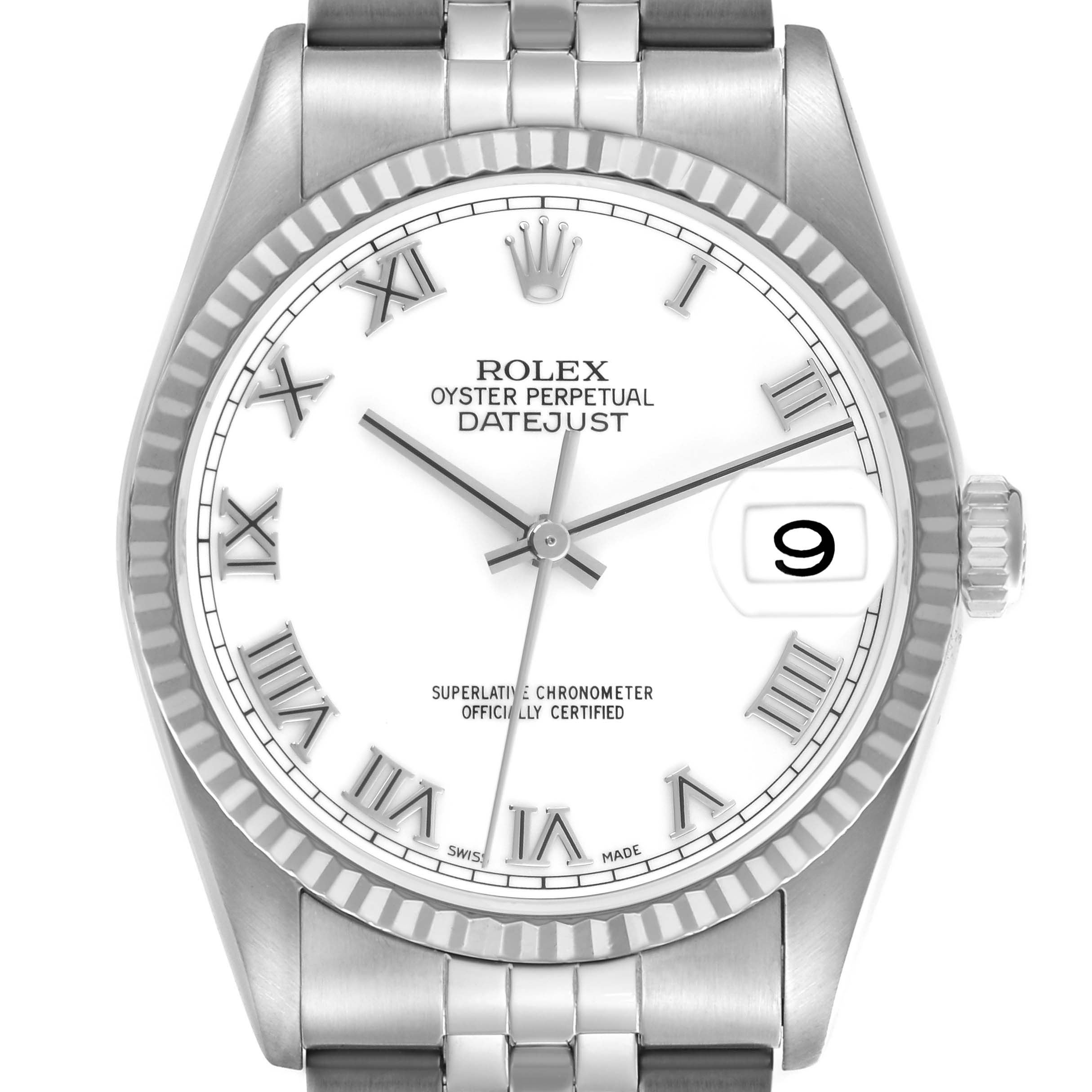 The Rolex Datejust 16234 Men's Stainless Steel White Dial 16234 Men's Stainless Steel White Dial watch is shown from a frontal angle, highlighting the dial, bezel, and part of the bracelet.