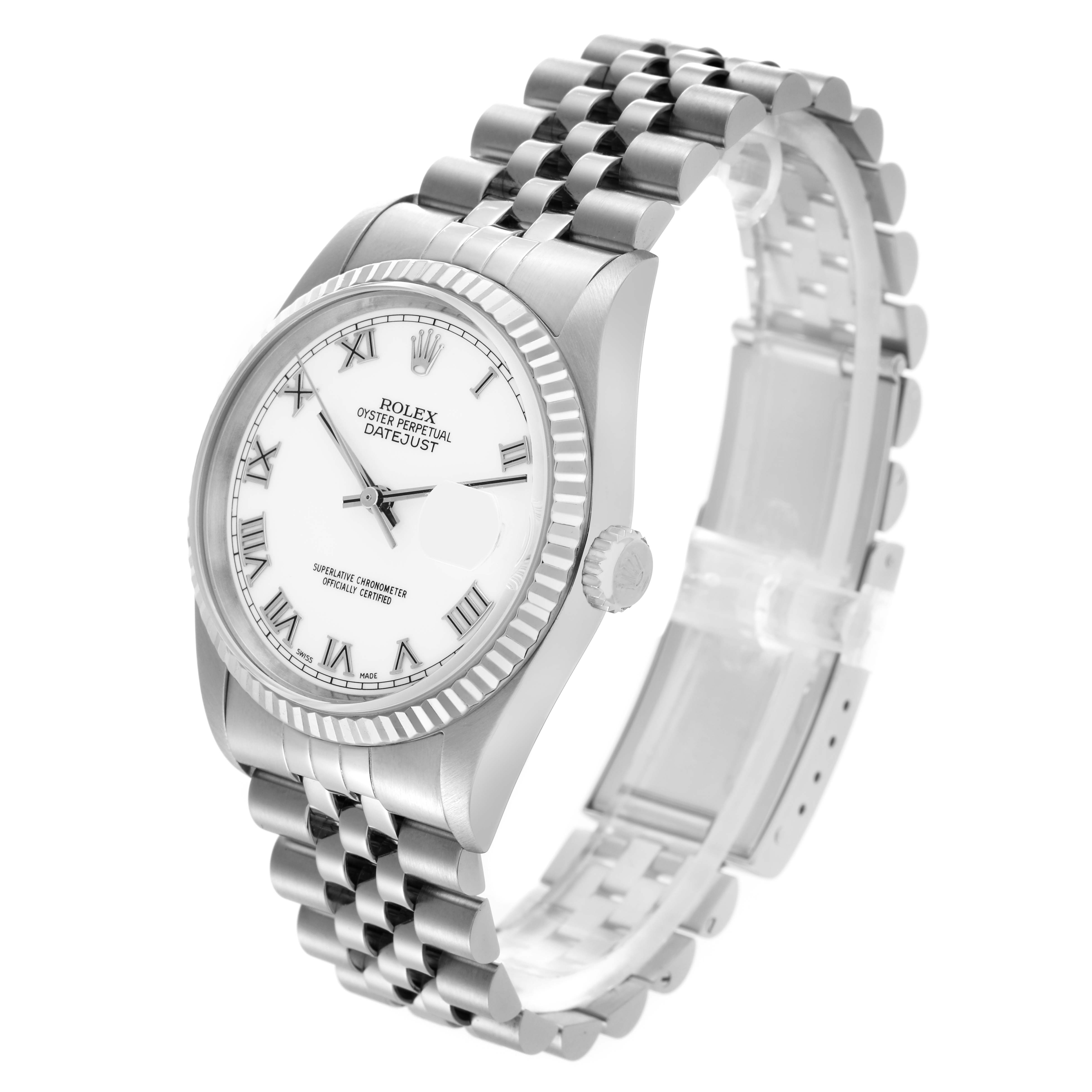 The Rolex Datejust 16234 Men's Stainless Steel White Dial 16234 Men's Stainless Steel White Dial is shown at a three-quarter angle, displaying its white dial, fluted bezel, and Jubilee bracelet.