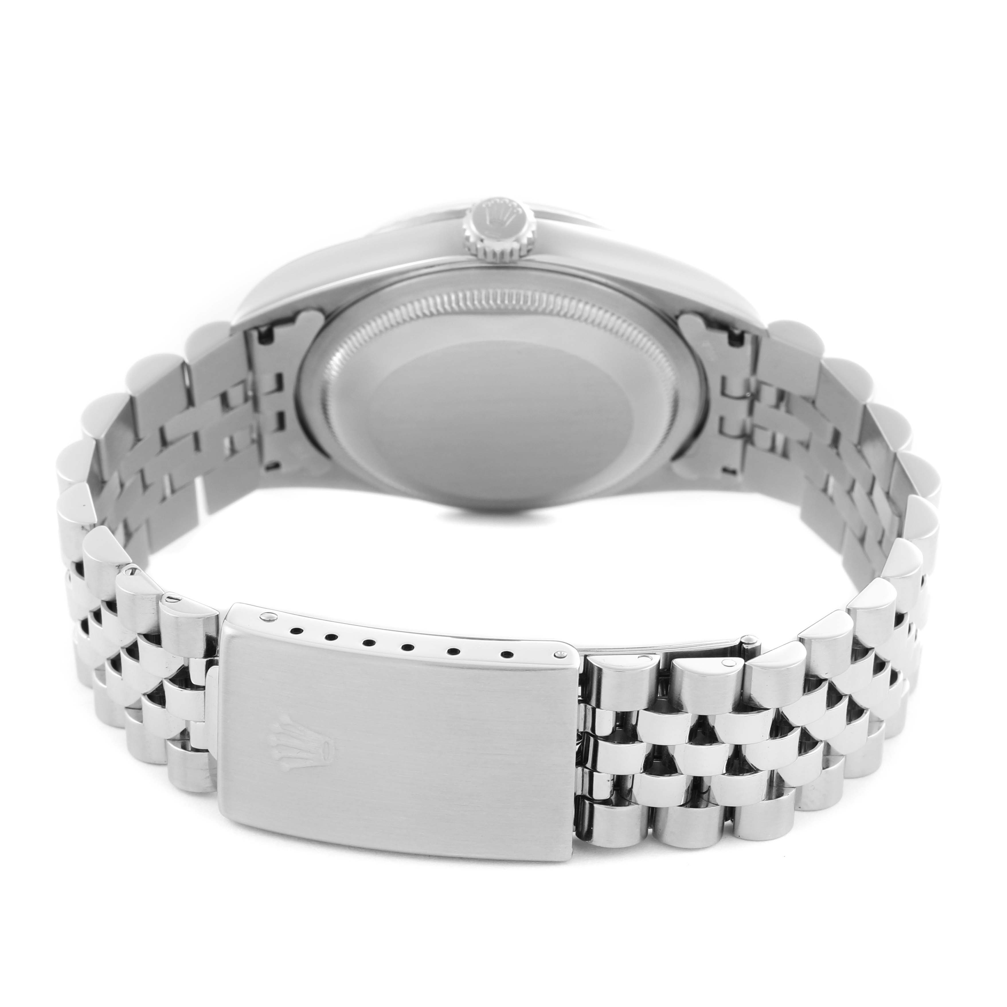 The image shows the case back, crown, and bracelet clasp of a Rolex Datejust 16234 Men's Stainless Steel White Dial 16234 Men's Stainless Steel White Dial watch from a rear angle.
