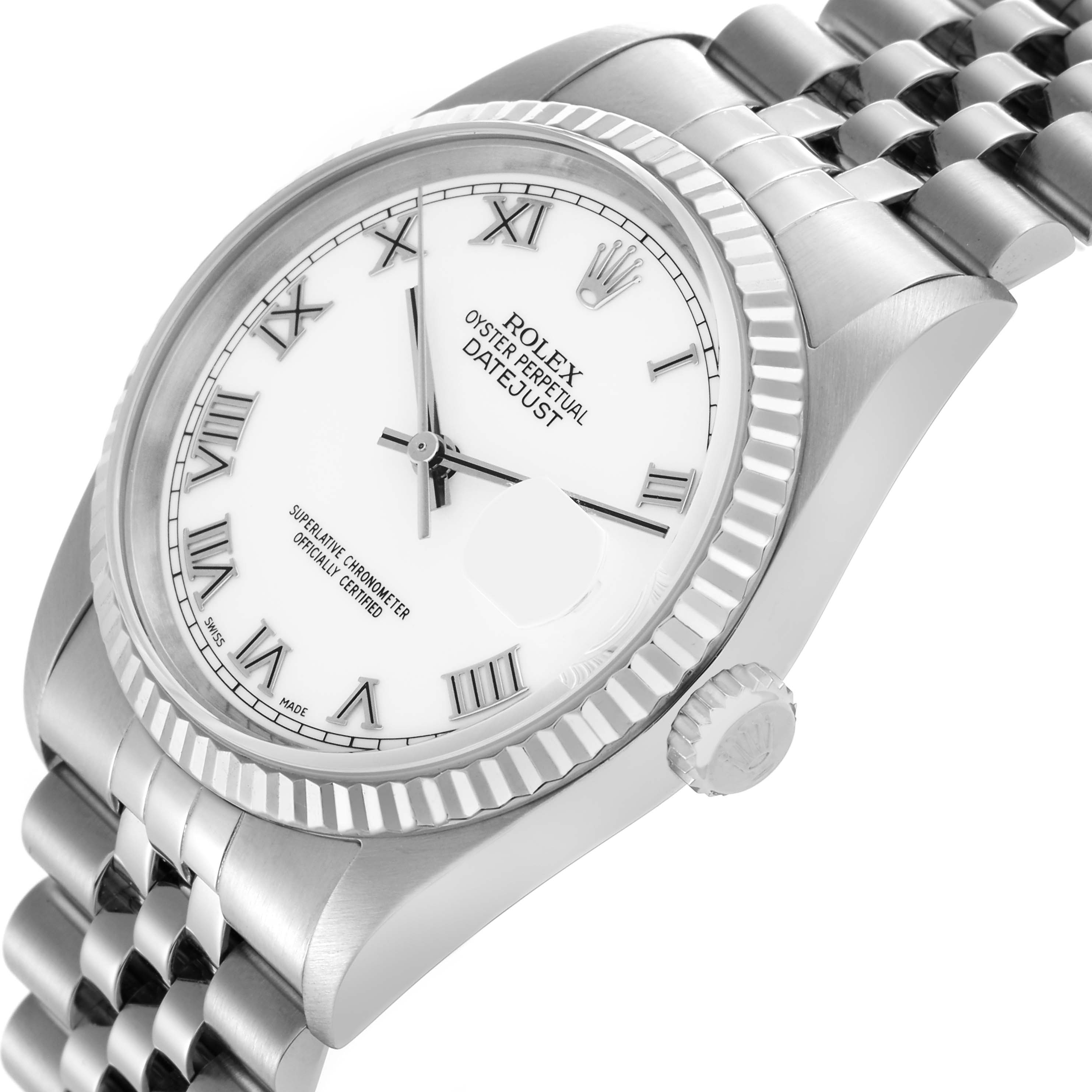 The image shows a Rolex Datejust 16234 Men's Stainless Steel White Dial 16234 Men's Stainless Steel White Dial watch at a slight angled view, highlighting the dial, fluted bezel, and bracelet.