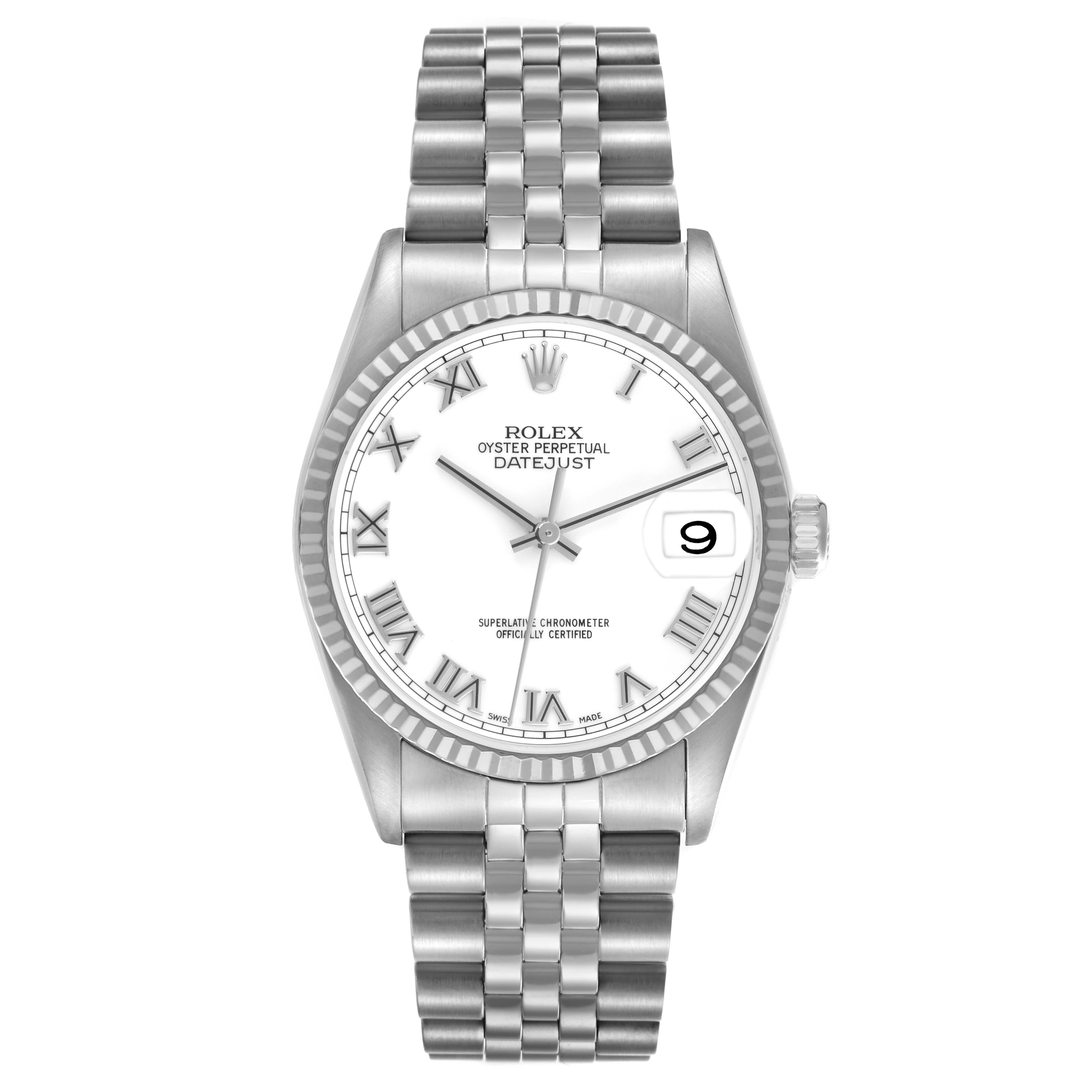 The Rolex Datejust 16234 Men's Stainless Steel White Dial 16234 Men's Stainless Steel White Dial watch is shown from a front view, displaying the dial, date function, case, and bracelet clearly.