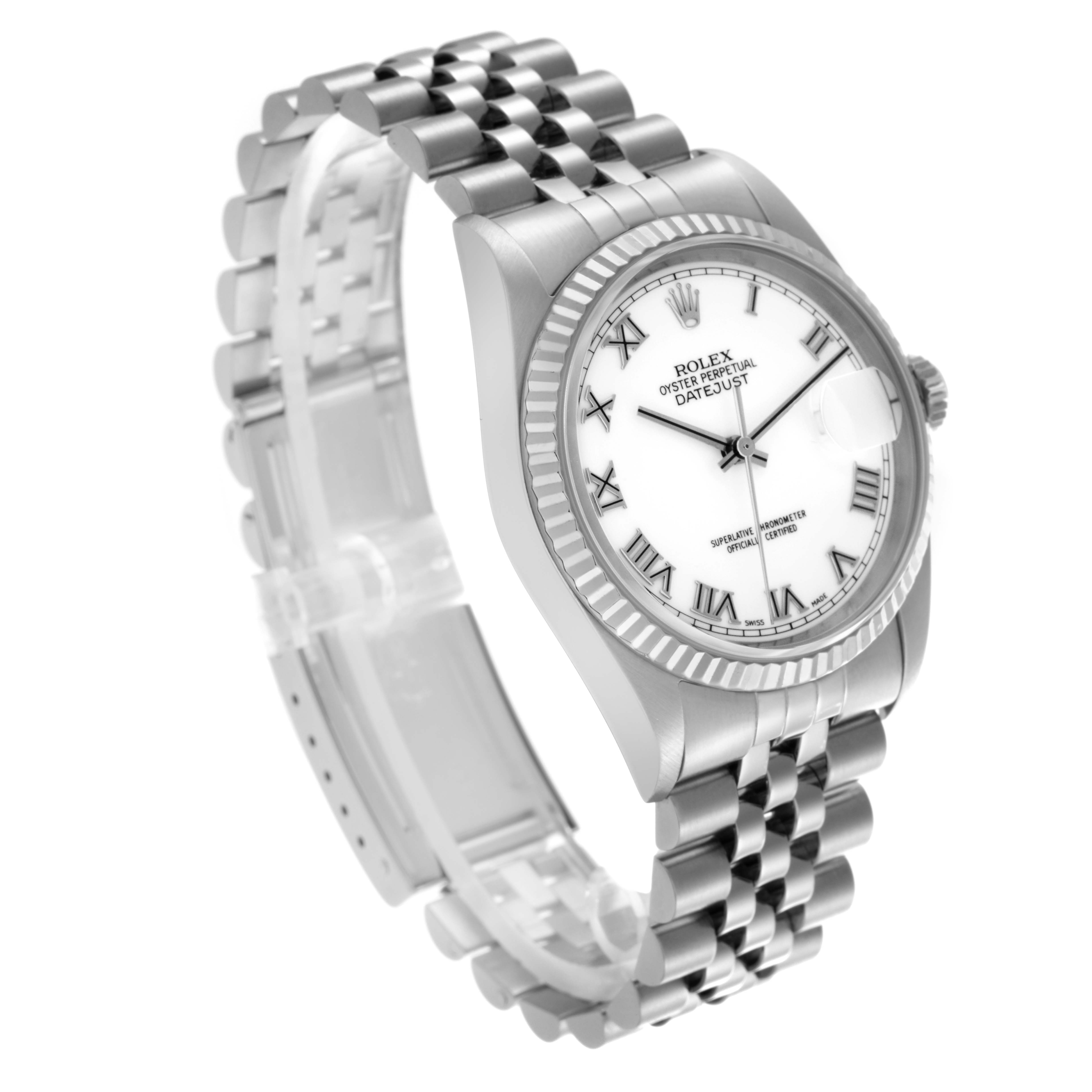 The Rolex Datejust 16234 Men's Stainless Steel White Dial 16234 Men's Stainless Steel White Dial watch is shown at a three-quarter angle, highlighting the case, fluted bezel, and Jubilee bracelet.