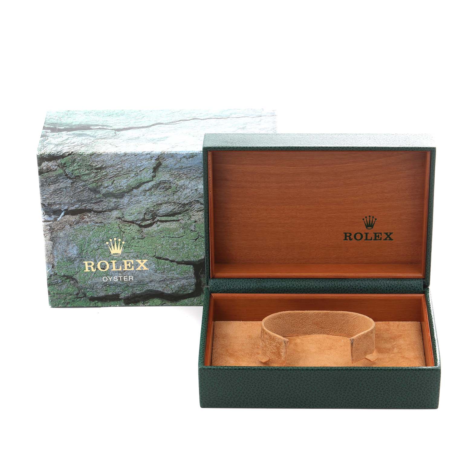 The image shows a green Rolex watch box and outer sleeve for a Datejust model, with an open interior featuring a watch holder.