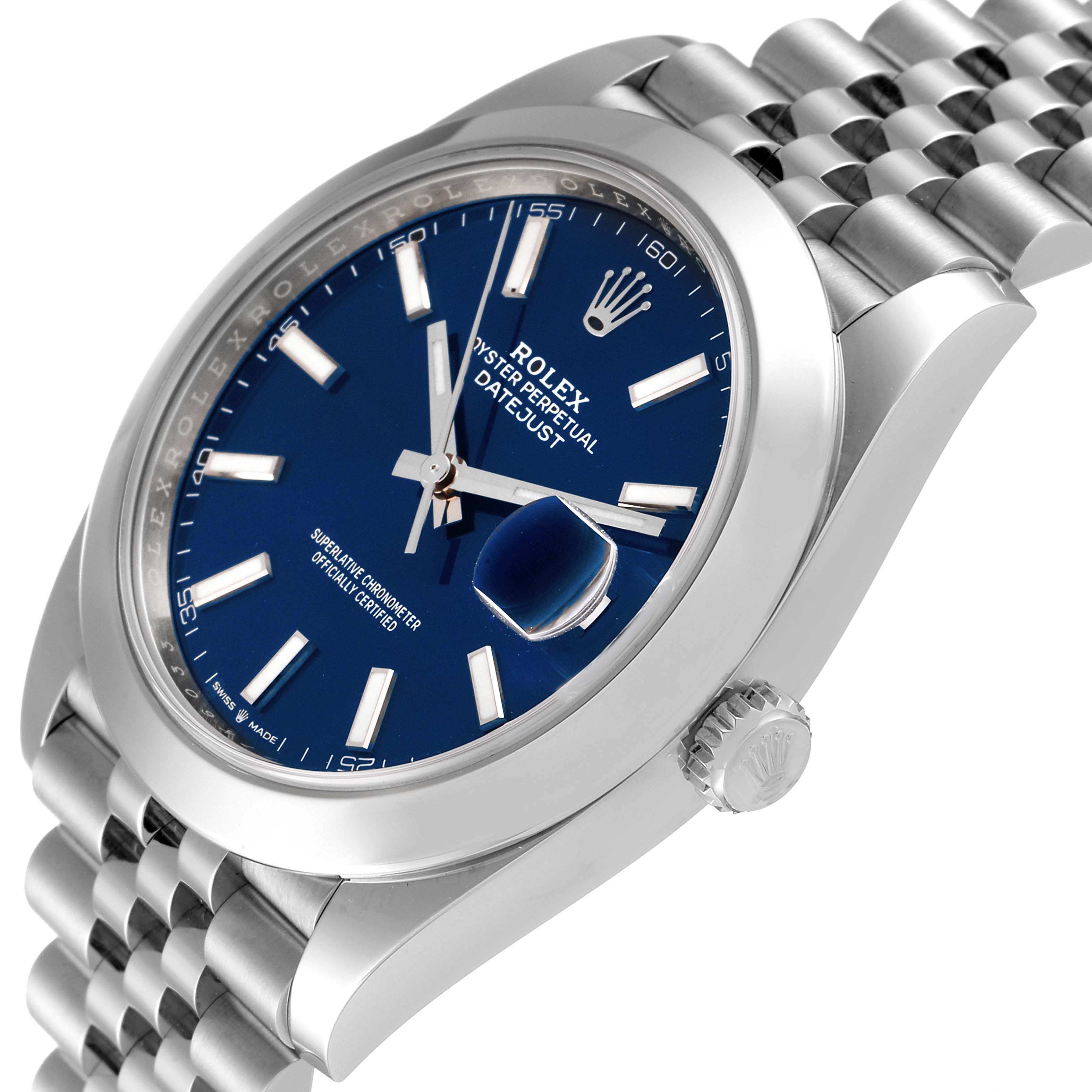 The Rolex Datejust 41 126300 Men's Stainless Steel Blue Dial 126300 Men's Stainless Steel Blue Dial watch is shown at an angled close-up view featuring the blue dial, bezel, crown, and part of the bracelet.