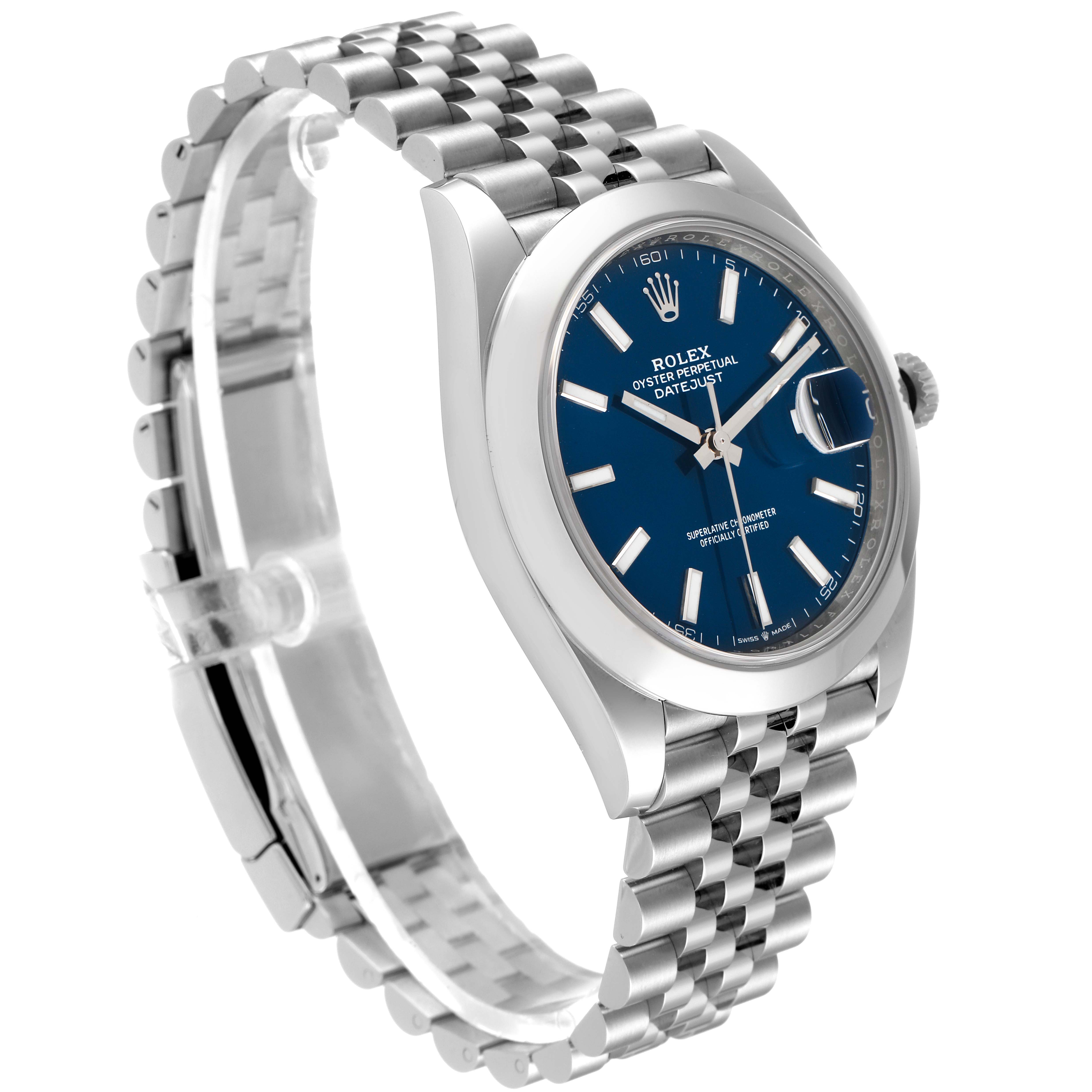 The Rolex Datejust 41 126300 Men's Stainless Steel Blue Dial 126300 Men's Stainless Steel Blue Dial watch is shown at an angled side view, highlighting the blue dial, fluted bezel, and jubilee bracelet.