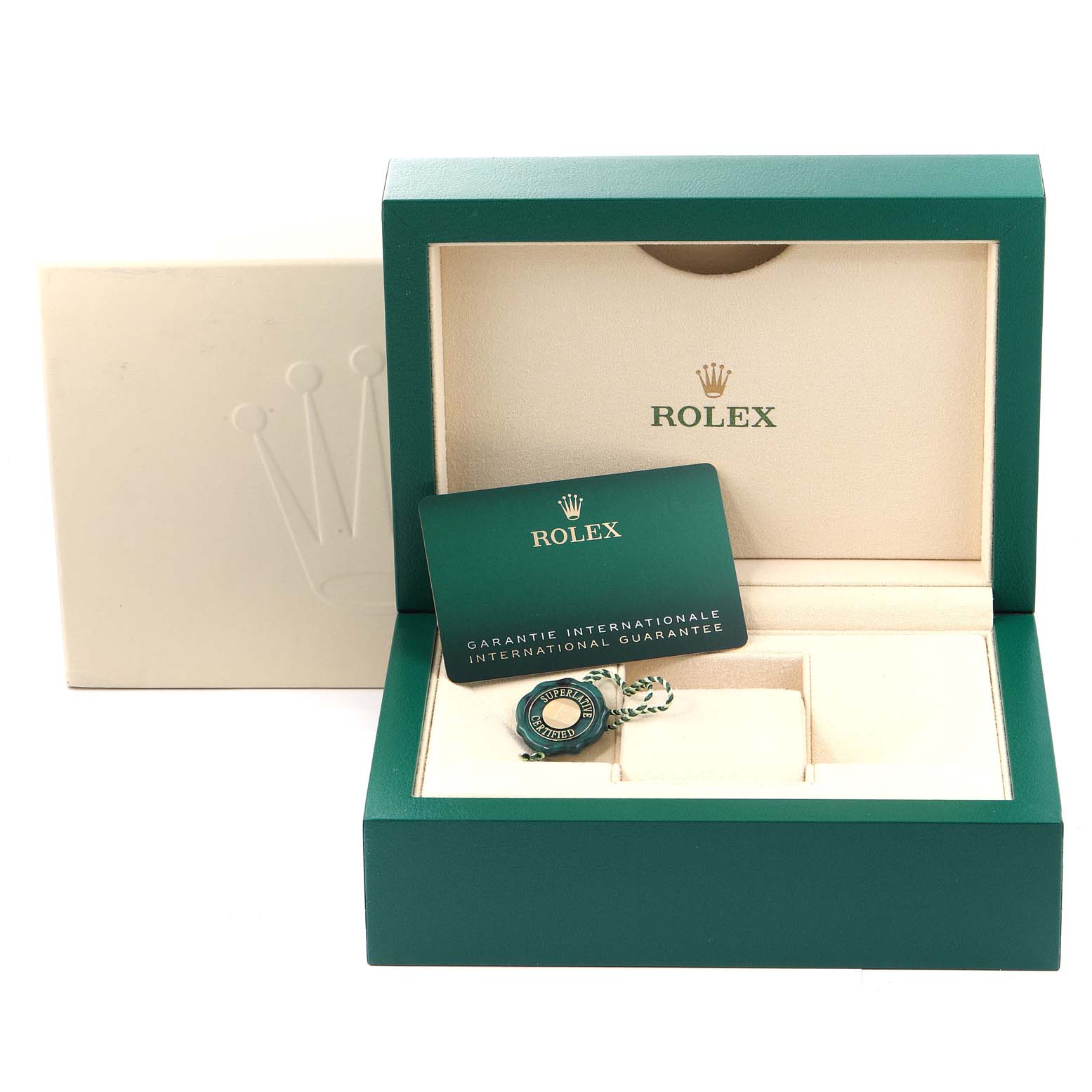 The image shows the packaging, warranty card, and accessories for a Rolex Datejust 41 126300 Men's Stainless Steel Blue Dial 126300 Men's Stainless Steel Blue Dial watch.