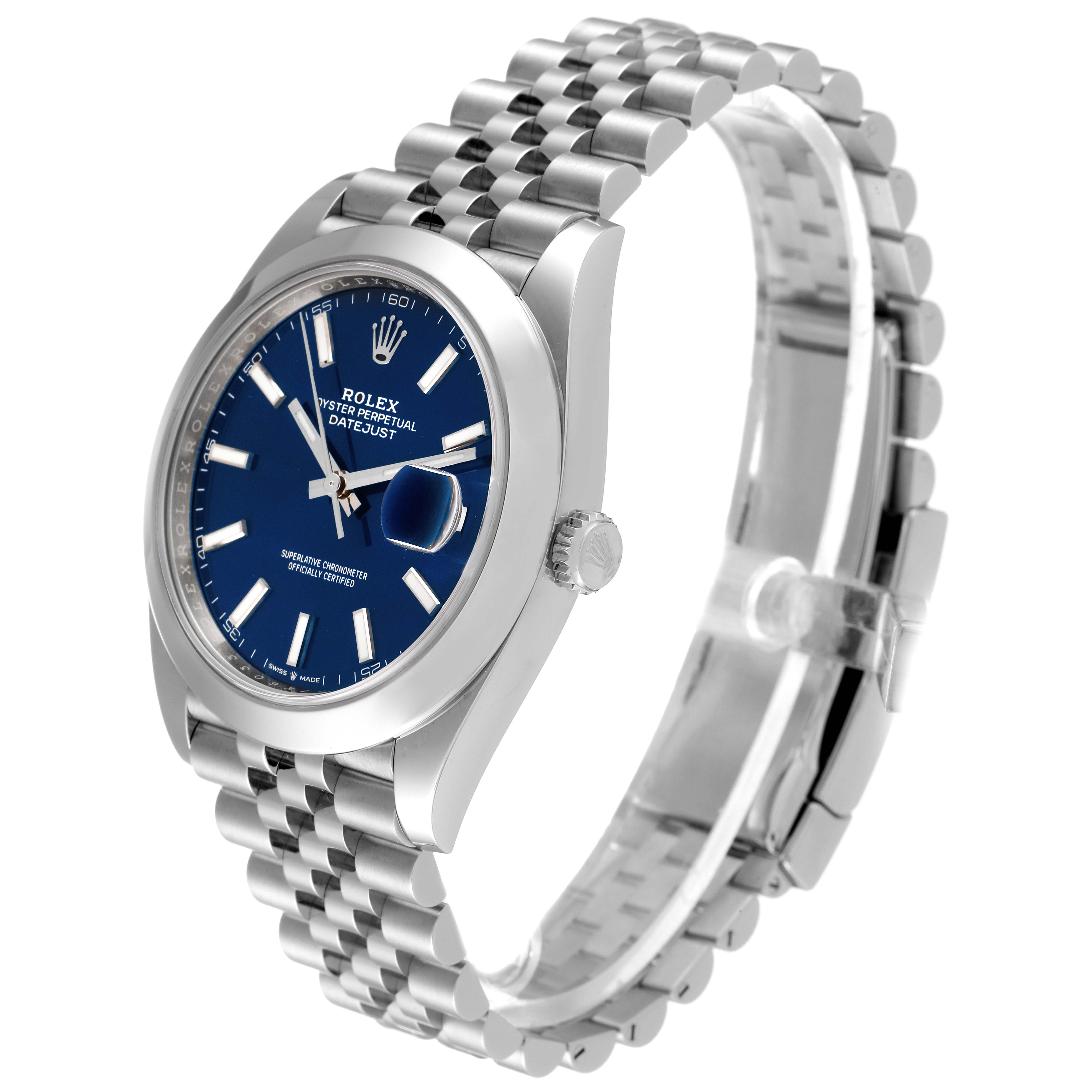 The image shows a side-angle view of the Rolex Datejust 41 126300 Men's Stainless Steel Blue Dial 126300 Men's Stainless Steel Blue Dial watch, highlighting its blue dial and Jubilee bracelet.