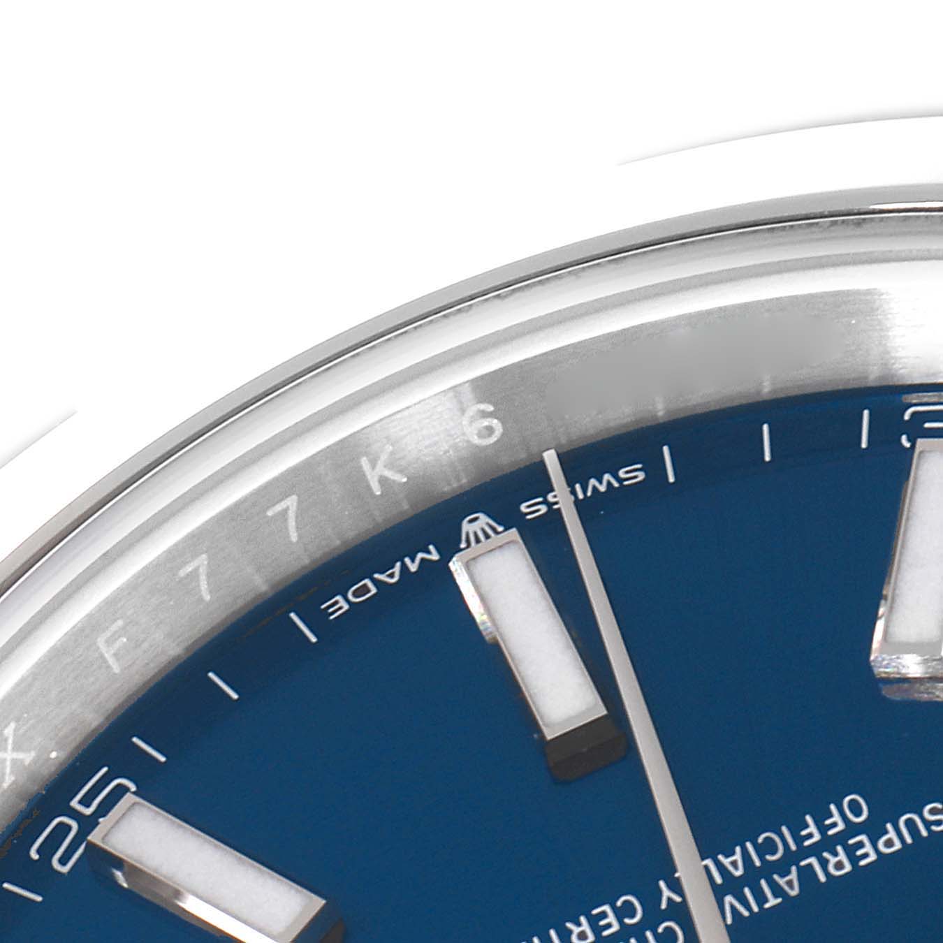 The image shows a close-up of the blue dial and hour markers of the Datejust 41 by Rolex.