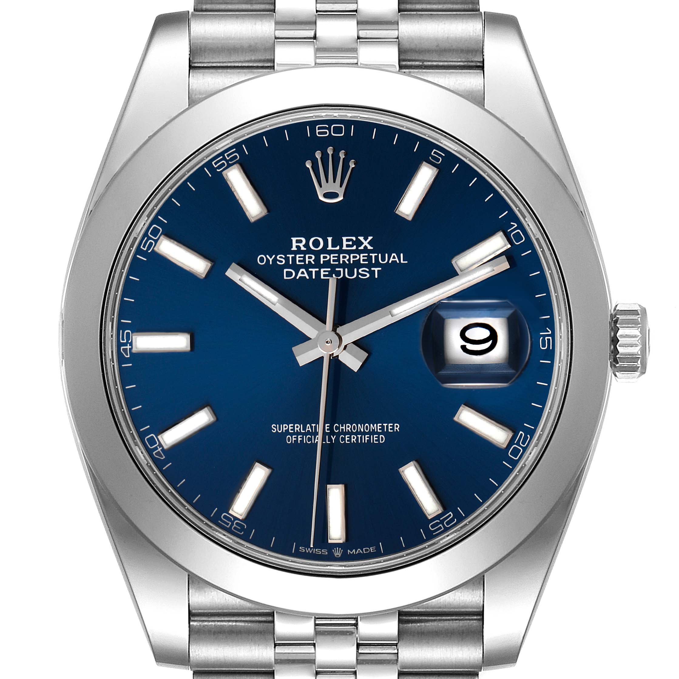 The image shows a Rolex Datejust 41 126300 Men's Stainless Steel Blue Dial 126300 Men's Stainless Steel Blue Dial model watch from a front angle, highlighting its blue dial, date window, and stainless steel bracelet.