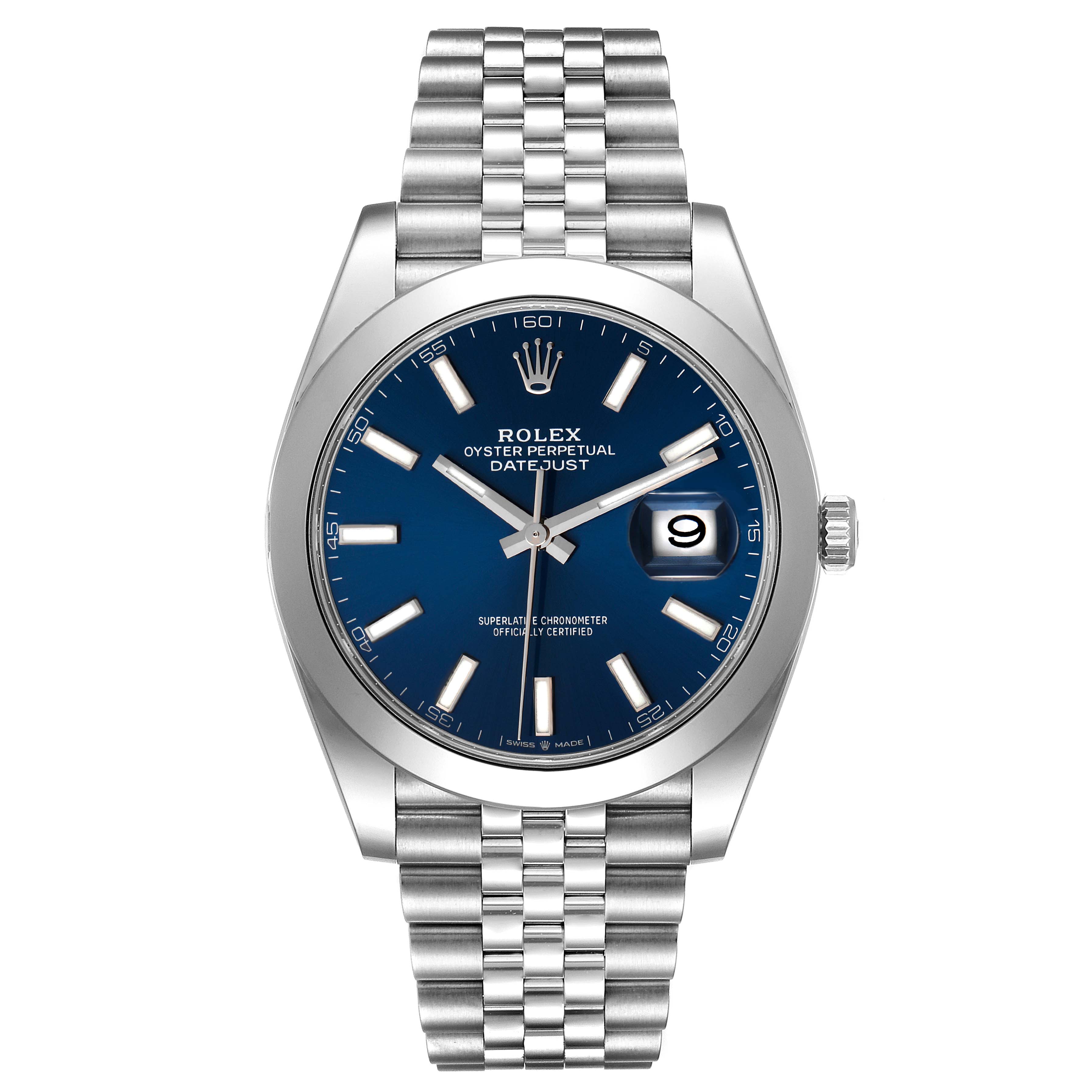 The Rolex Datejust 41 126300 Men's Stainless Steel Blue Dial 126300 Men's Stainless Steel Blue Dial is shown from a front angle, highlighting its blue dial, date window, Jubilee bracelet, and silver indices.