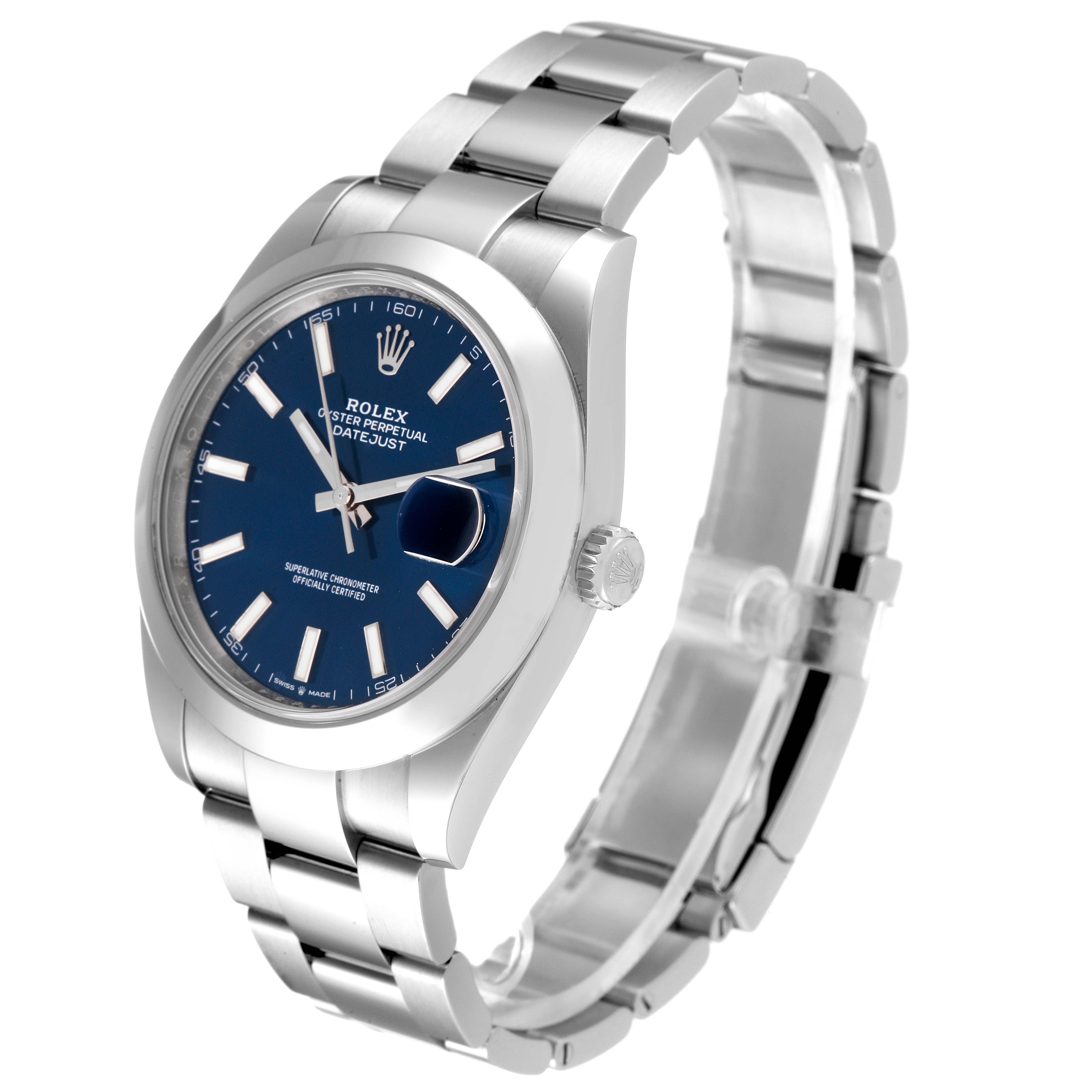 This image shows the Rolex Datejust 41 126300 Men's Stainless Steel Blue Dial 126300 Men's Stainless Steel Blue Dial watch from a three-quarter angle, highlighting the face, bezel, and bracelet.