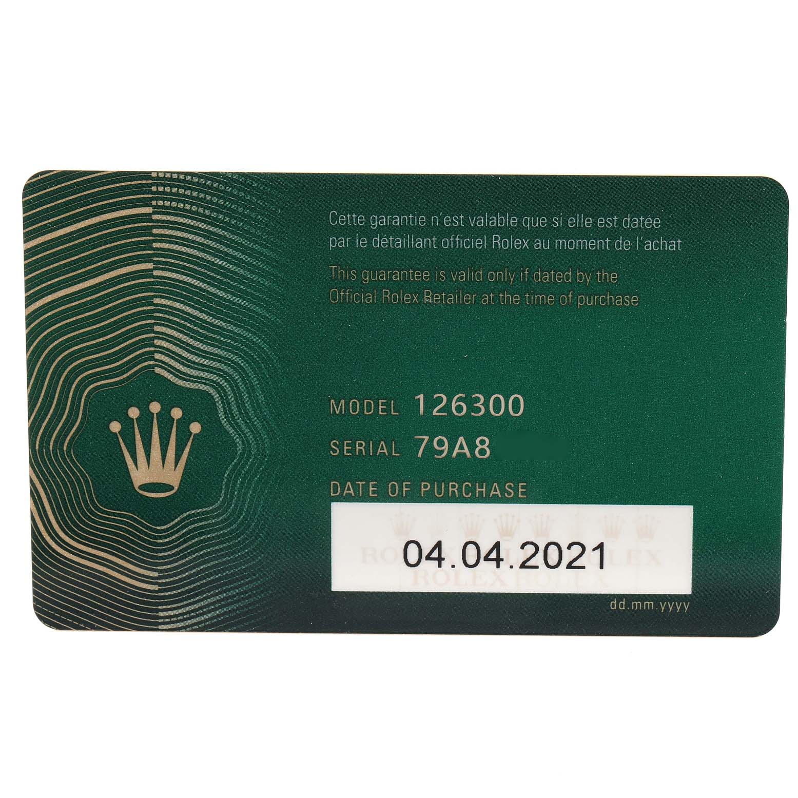 The image shows a green warranty card for a Rolex Datejust 41 126300 Men's Stainless Steel Blue Dial 126300 Men's Stainless Steel Blue Dial model, with the model number 126300 and the purchase date.